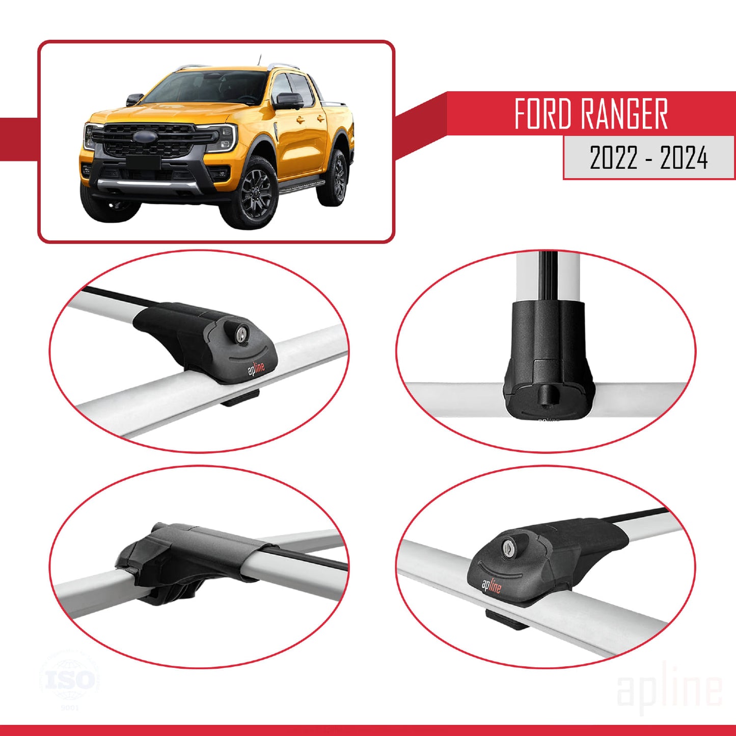 Compatible avec Ford Ranger (P703) 2022-2024 ACE-1 Barres de Toit Railing Porte-Bagages de Voiture Gris Aluminium 2 Barres