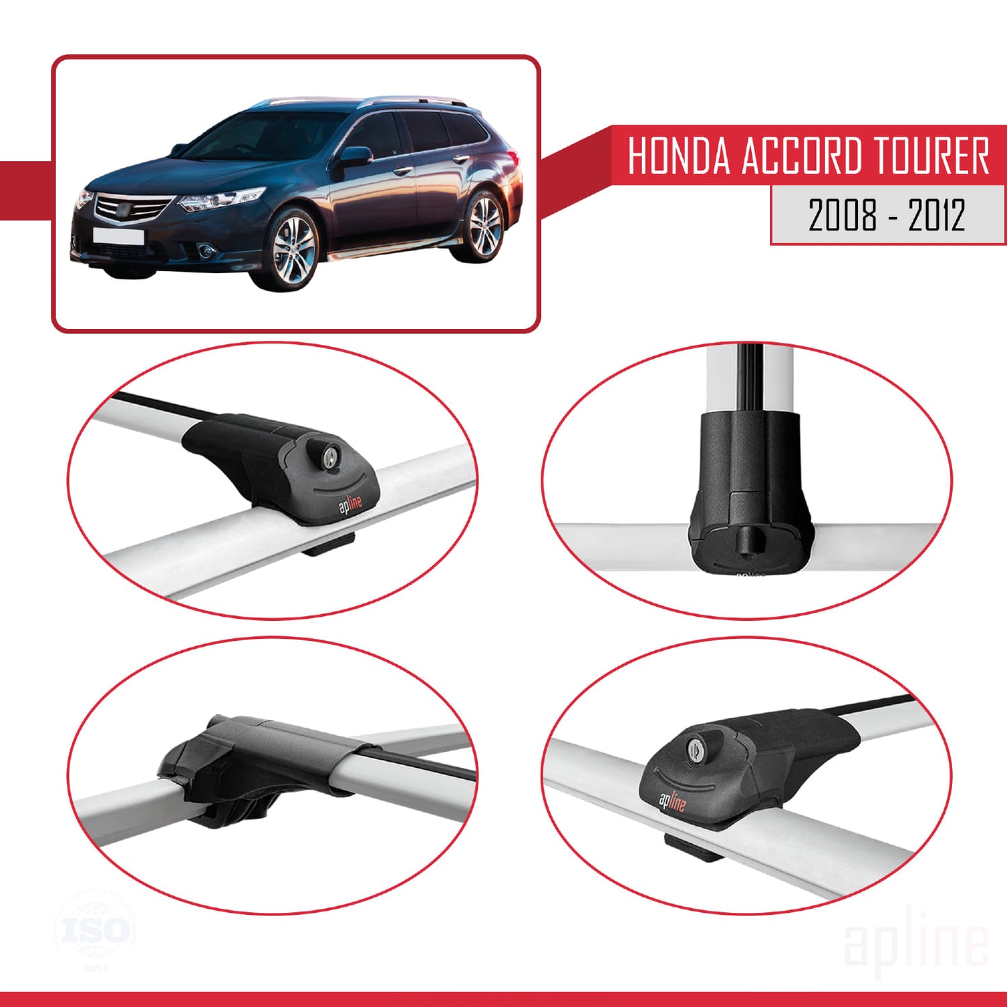 Compatible with Honda Accord Tourer 2008-2012 ACE-1 Car Roof Rack Cross Bar Grey Aluminium 3 Bars