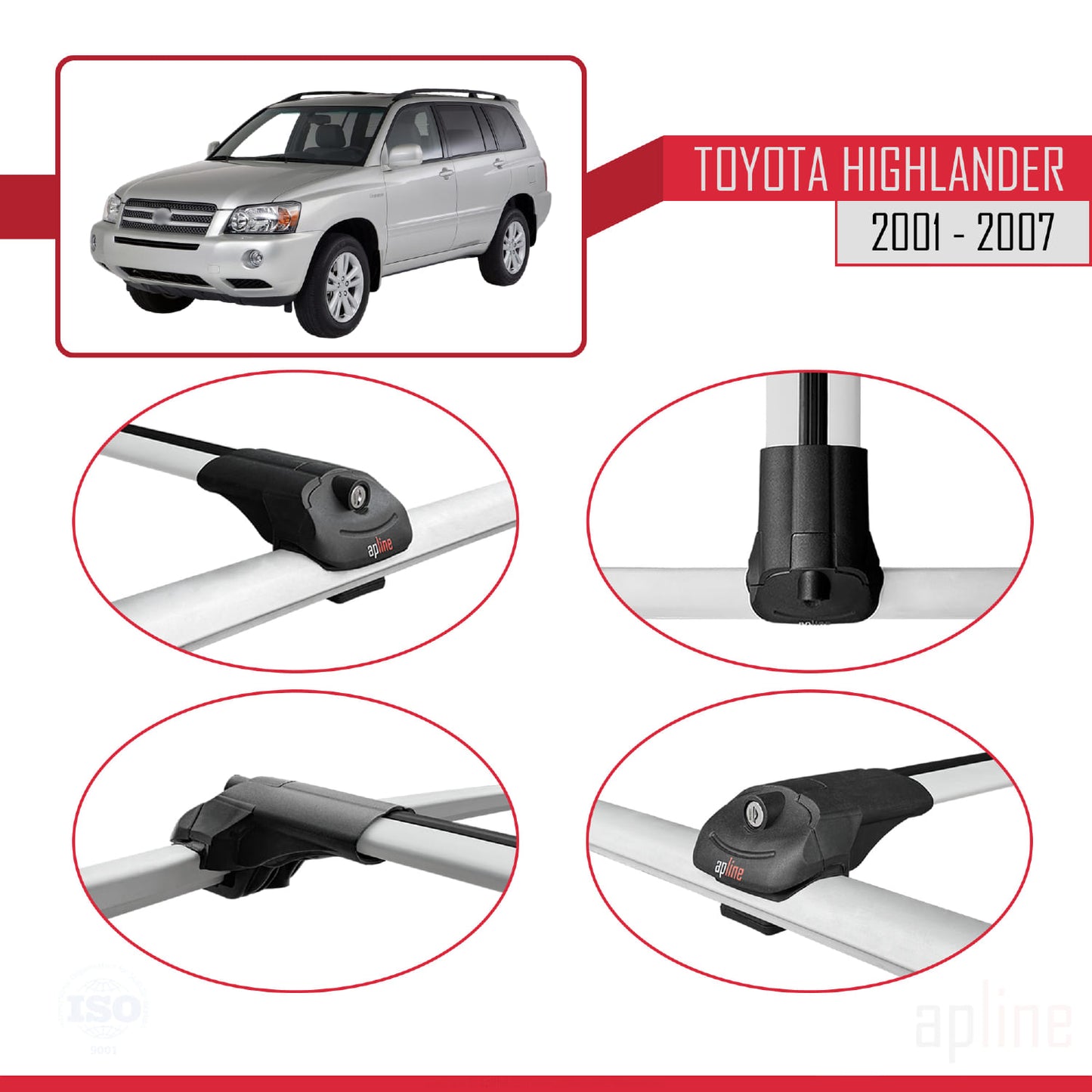 Compatible avec Toyota Highlander 2001-2007 ACE-1 Barres de Toit Railing Porte-Bagages de Voiture Gris Aluminium 2 Barres