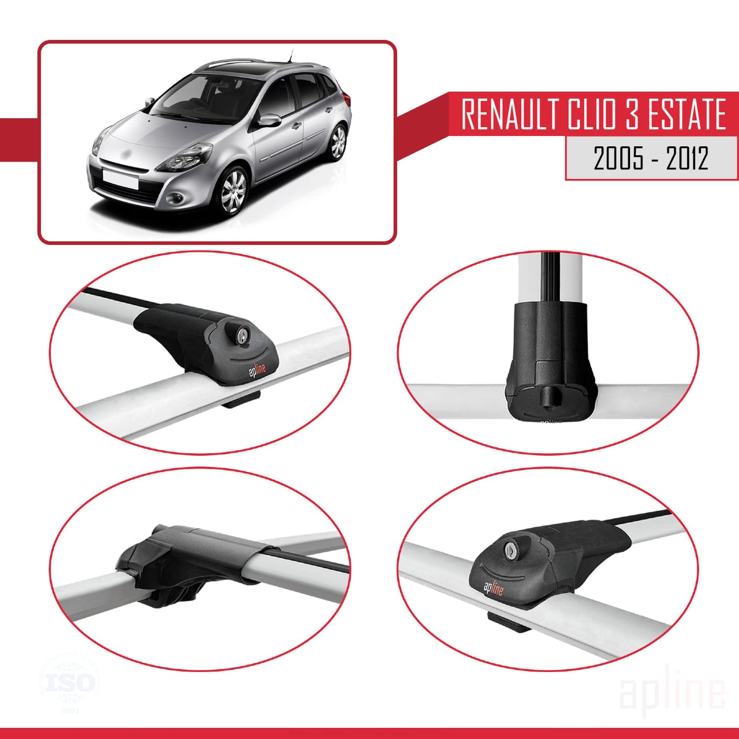 Compatible avec Renault Clio 3 Estate 2005-2012 ACE-1 Barres de Toit Railing Porte-Bagages de Voiture Gris Aluminium 3 Barres