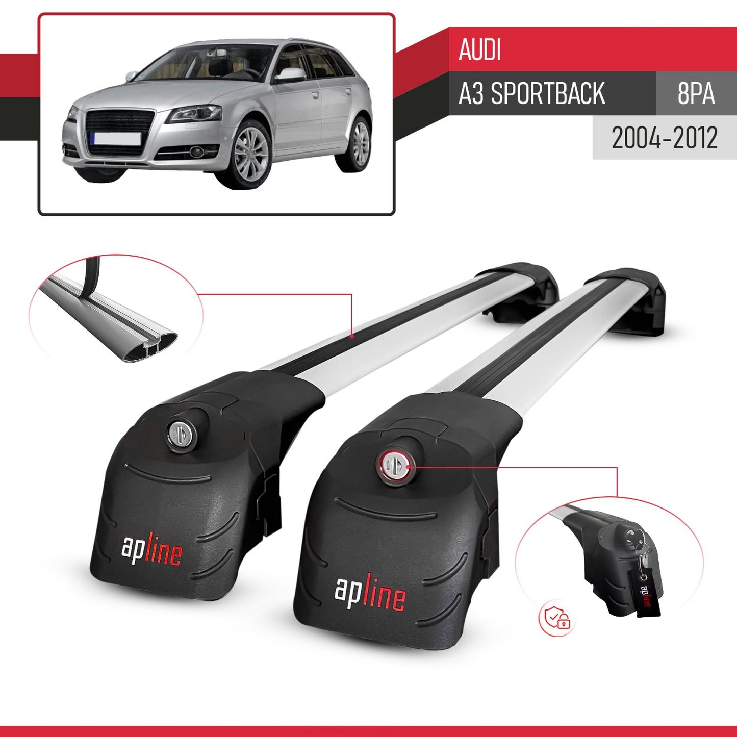 Compatible avec Audi A3 (8PA) Sportback 2004-2012 ACE-2 modèle Barres de Toit Railing Porte-Bagages de Voiture Gris Aluminium Barres