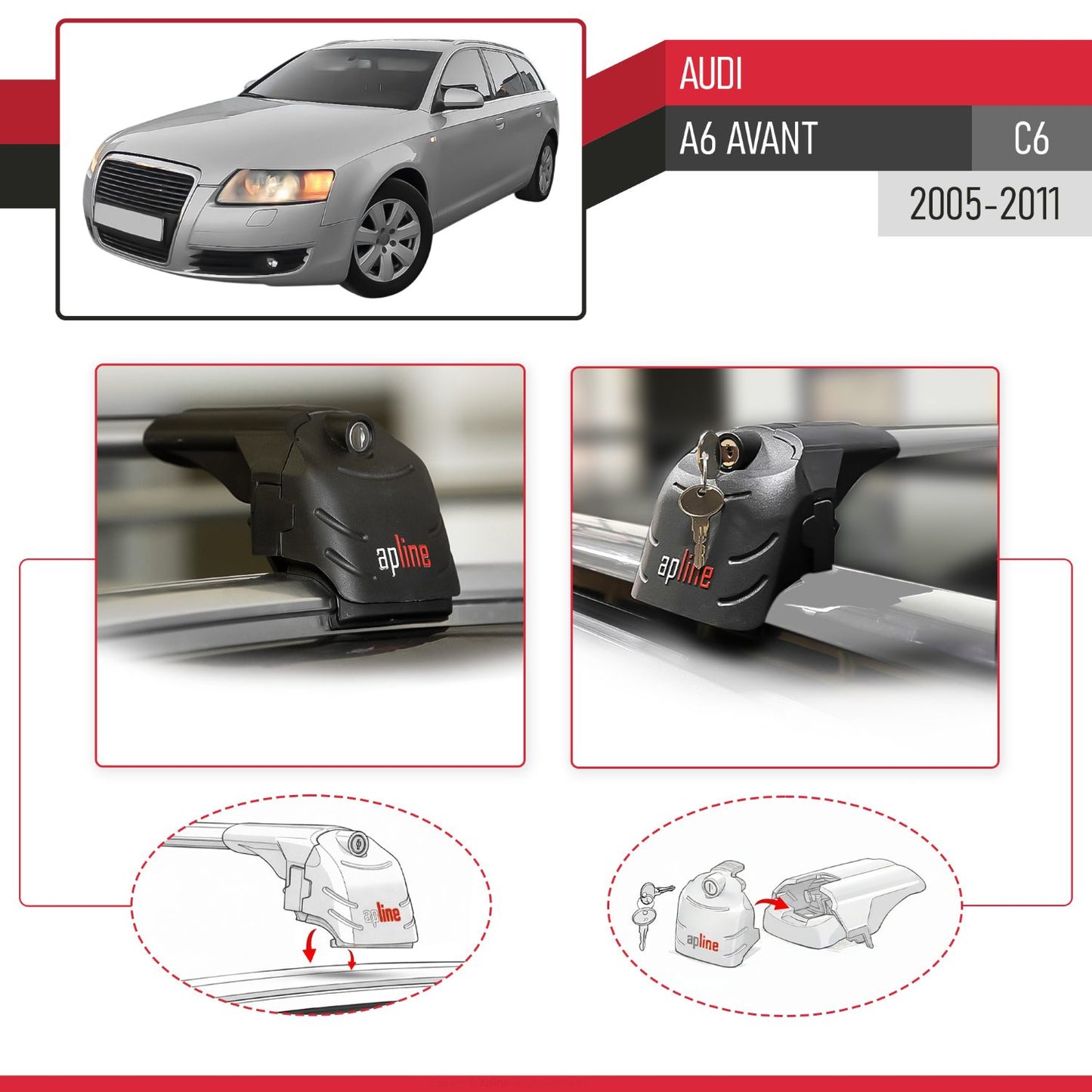 Compatible avec Audi A6 (C6) Avant 2005-2011 ACE-2 modèle Barres de Toit Railing Porte-Bagages de Voiture Gris Aluminium Barres
