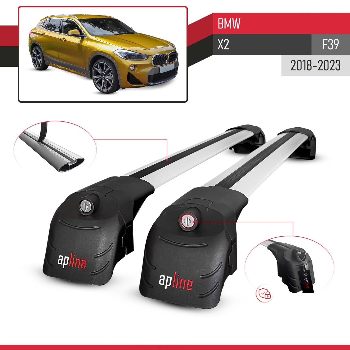Compatible with BMW X2 (F39) 2018-2023 ACE-2 Car Roof Rack Cross Bar Grey Aluminium 2 Bars