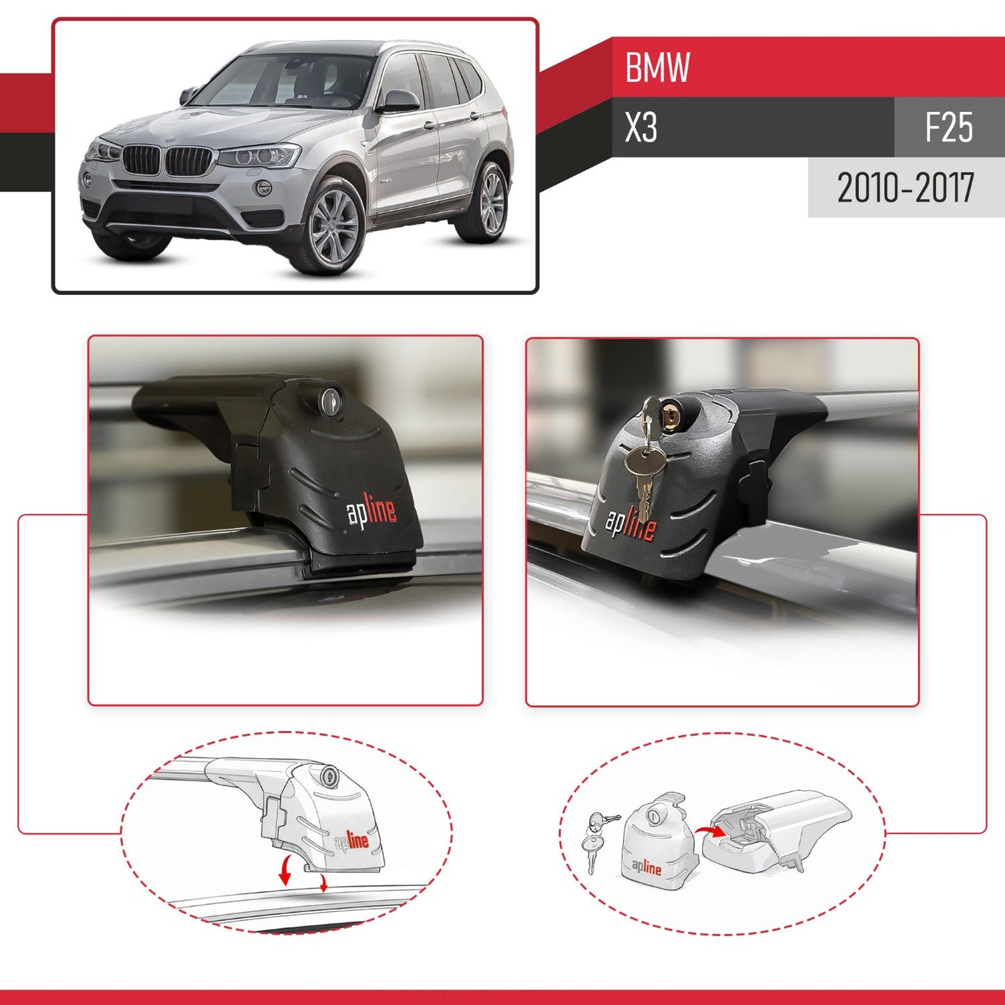 Compatible avec BMW X3 (F25) 2010-2017 ACE-2 modèle Barres de Toit Railing Porte-Bagages de Voiture Gris Aluminium Barres