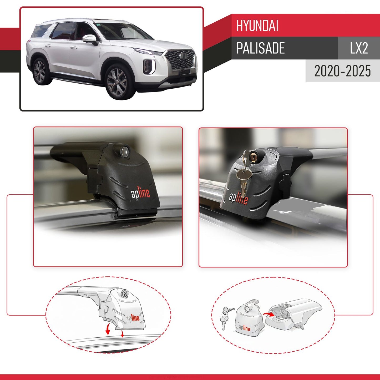 Compatible avec Hyundai Palisade (LX2) 2020-2025 ACE-2 modèle Barres de Toit Railing Porte-Bagages de Voiture Gris Aluminium Barres