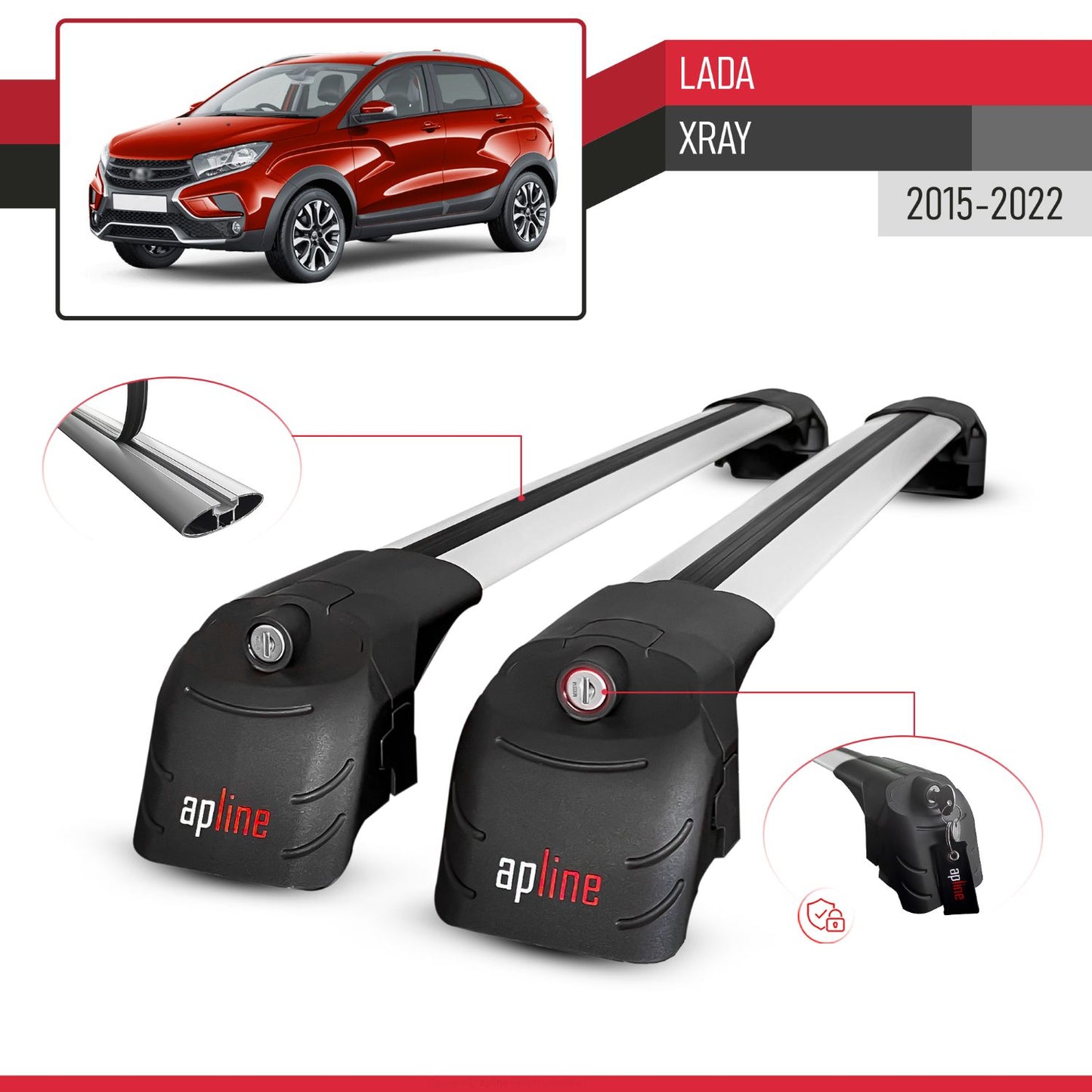 Compatible with Lada Xray 2015-2022 ACE-2 Car Roof Rack Cross Bar Grey Aluminium 2 Bars