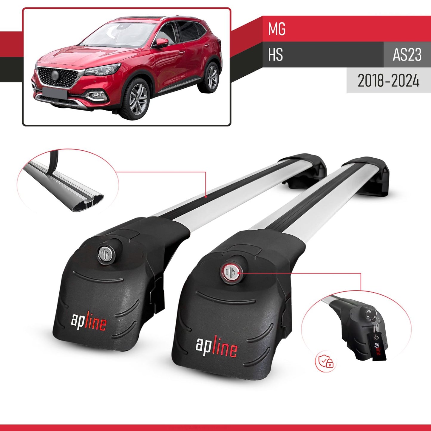 Compatible with MG HS (AS23) 2018-2024 ACE-2 Car Roof Rack Cross Bar Grey Aluminium 2 Bars