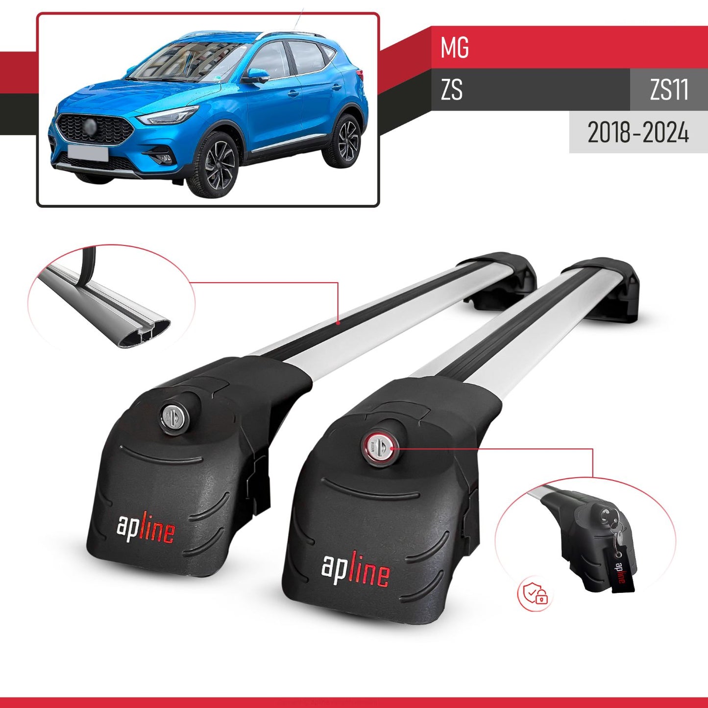 Compatible with MG ZS 2018-2024 ACE-2 Car Roof Rack Cross Bar Grey Aluminium 2 Bars