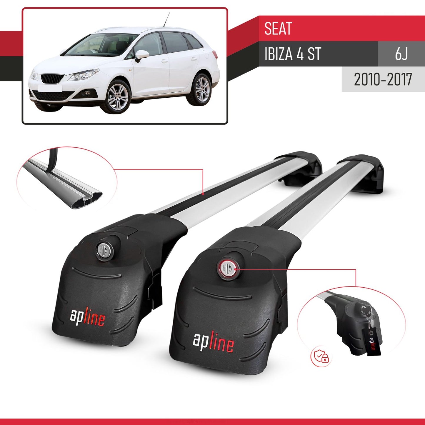 Compatible with Seat Ibiza 4 (6J) ST 2010-2017 ACE-2 Car Roof Rack Cross Bar Grey Aluminium 2 Bars