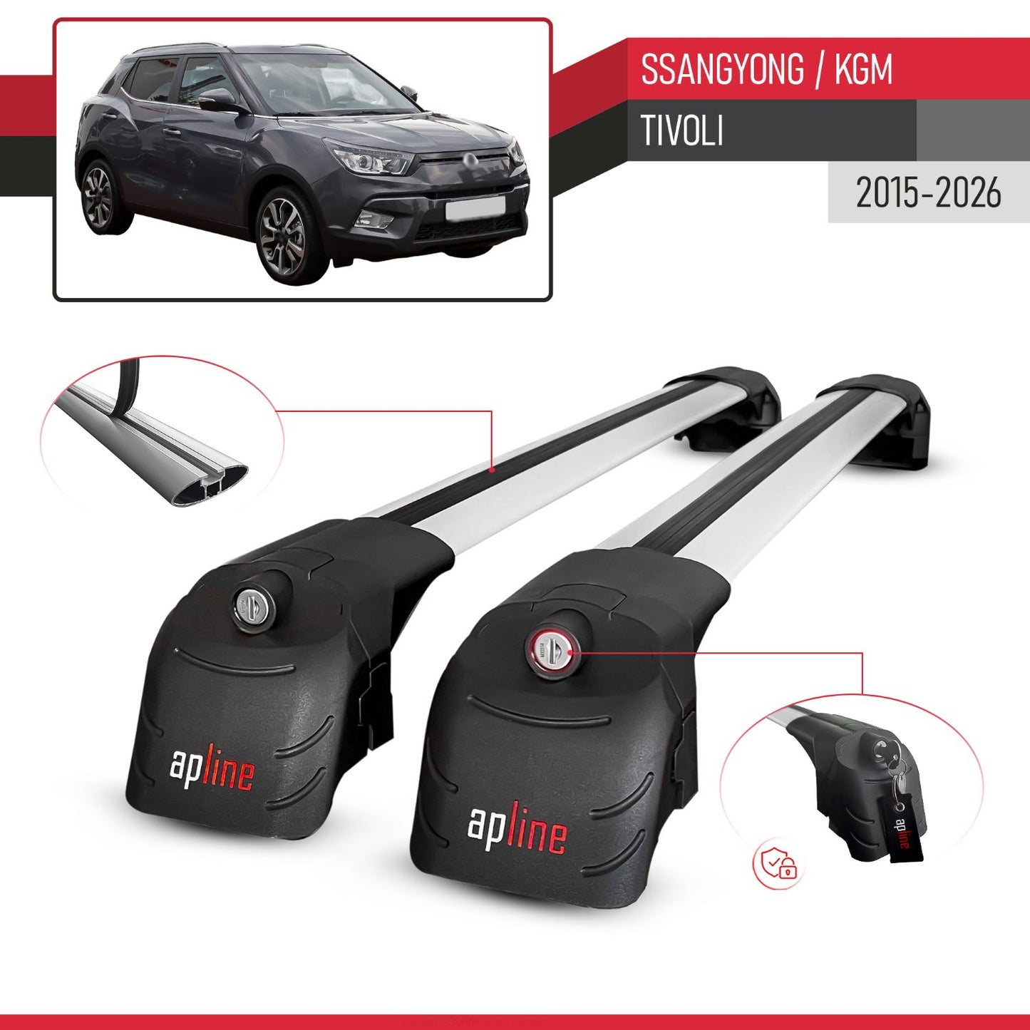 Compatible with Ssangyong Tivoli 2015-2025 ACE-2 Car Roof Rack Cross Bar Grey Aluminium 2 Bars