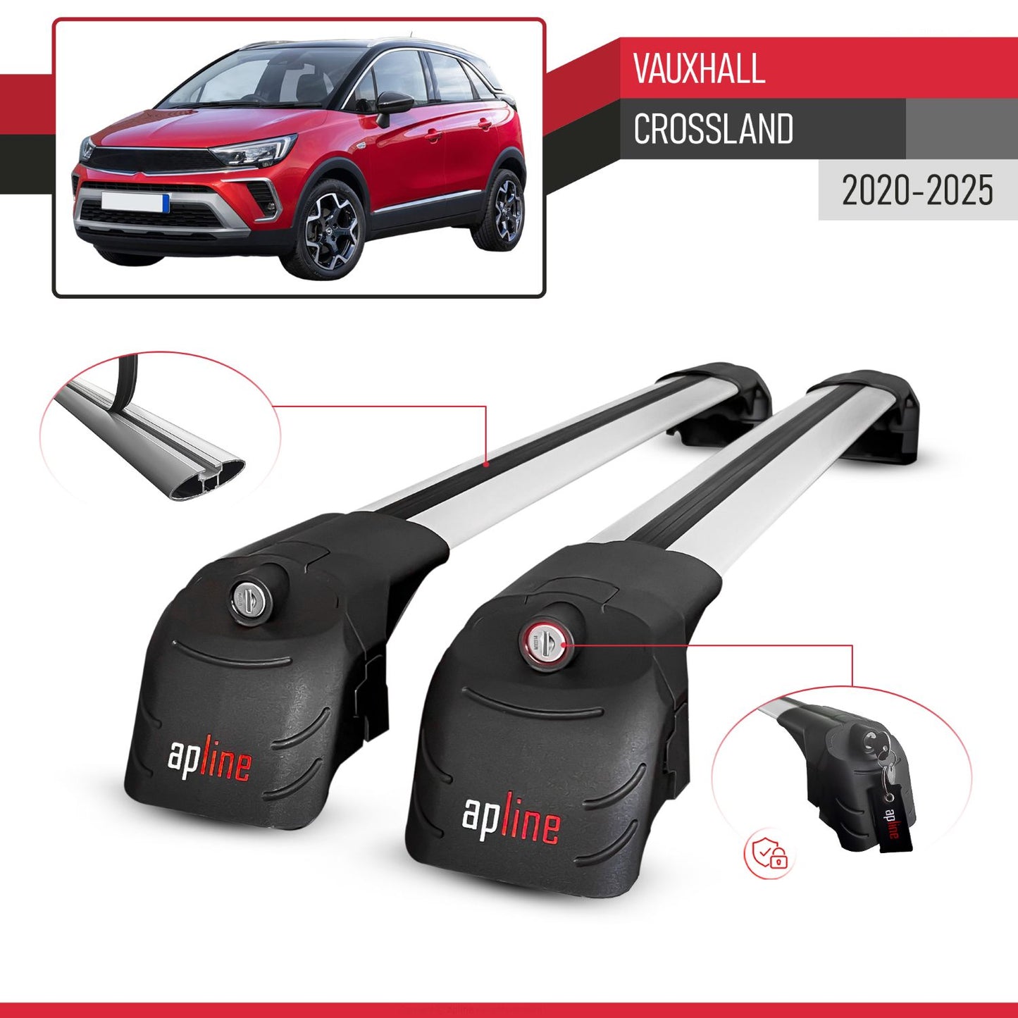 Compatible with Vauxhall Crossland 2020-2024 ACE-2 Car Roof Rack Cross Bar Grey Aluminium 2 Bars