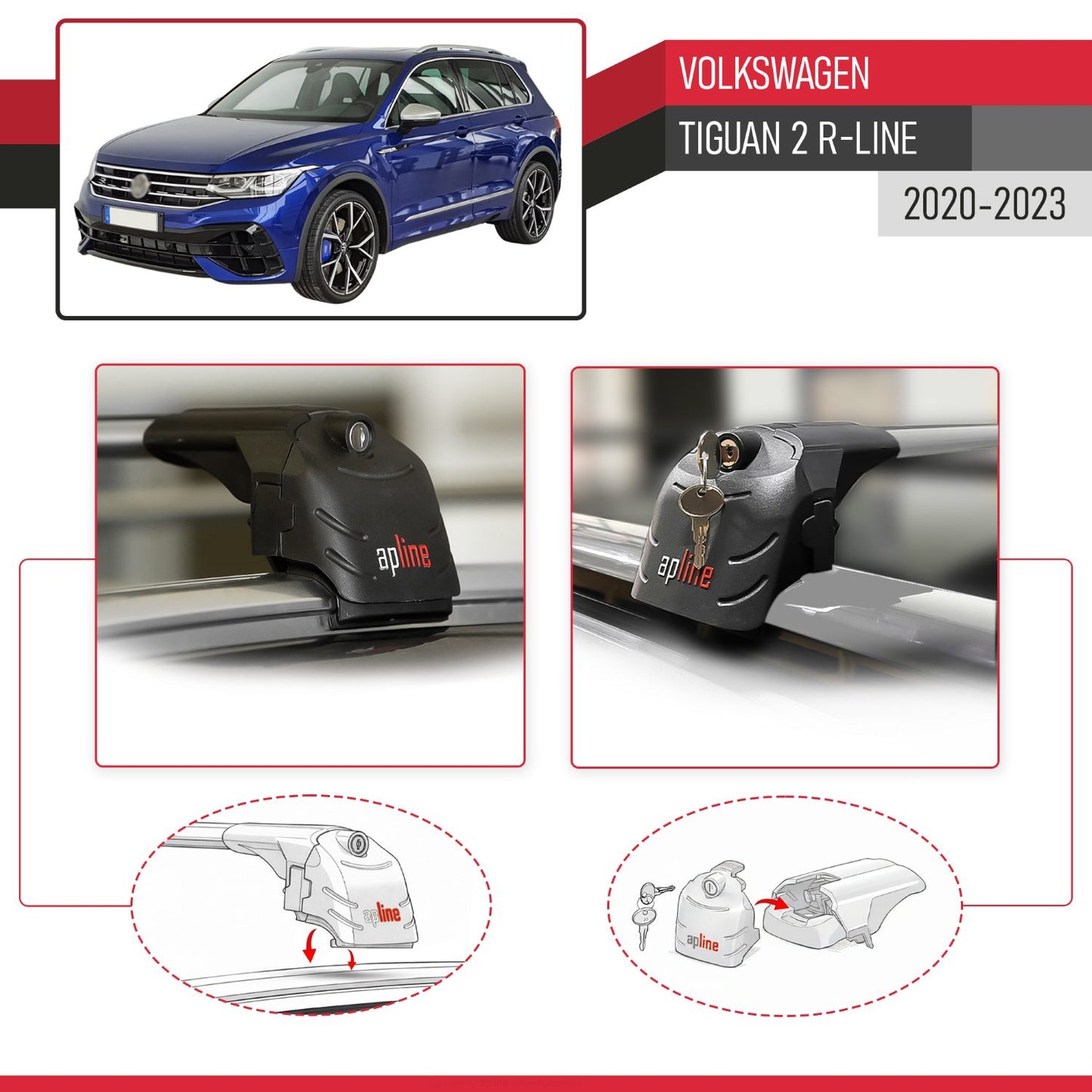 Compatible with Volkswagen Tiguan 2 R-Line Post-Facelift 2020-2023 ACE-2 Car Roof Rack Cross Bar Grey Aluminium 2 Bars