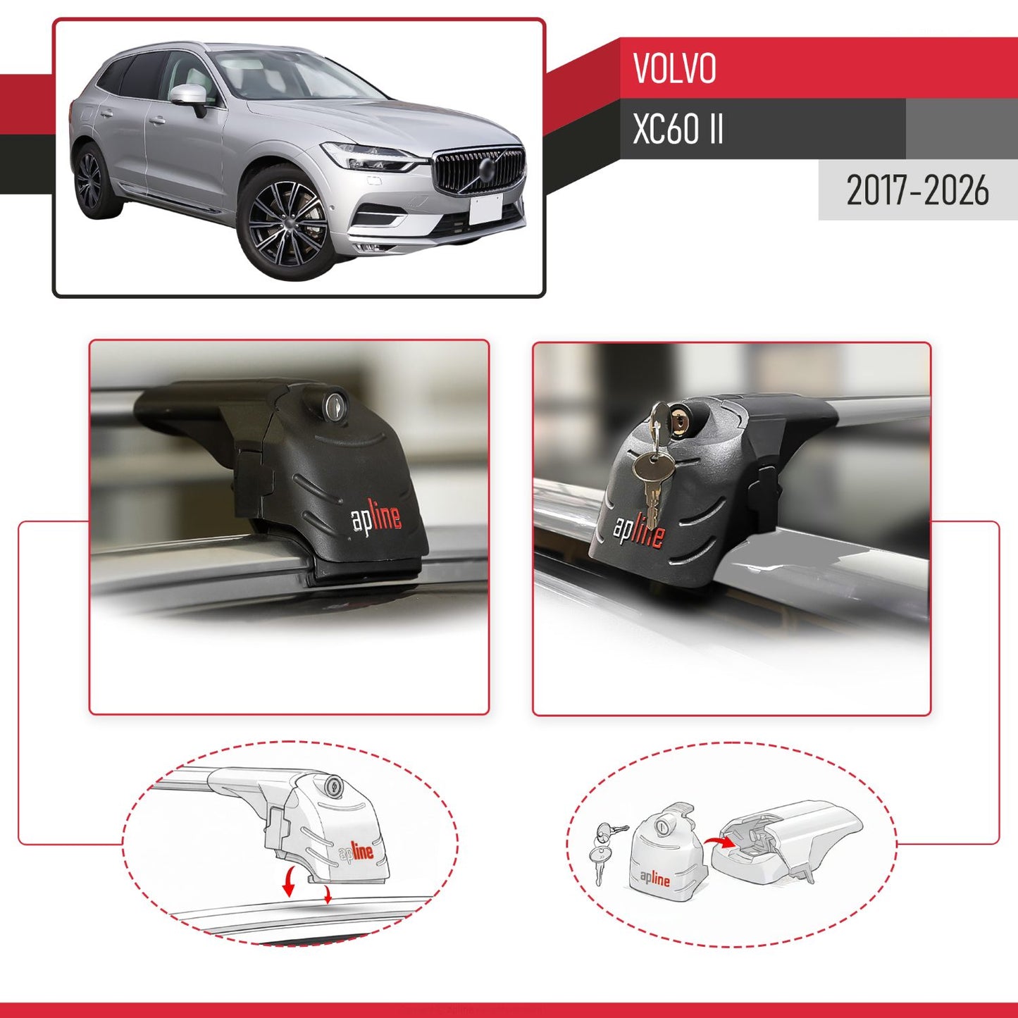 Compatible avec Volvo XC60 II 2017-2026 ACE-2 modèle Barres de Toit Railing Porte-Bagages de Voiture Gris Aluminium Barres