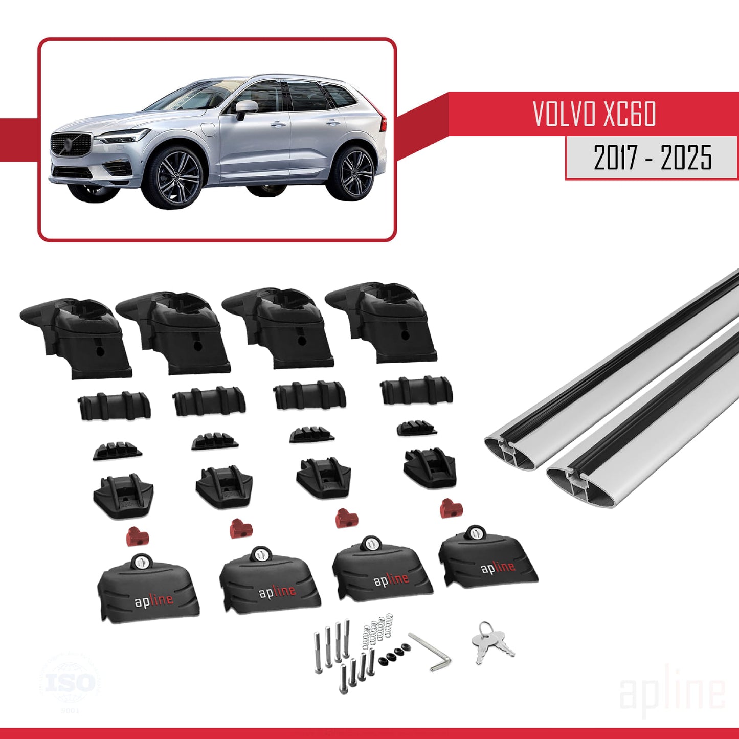 Compatible avec Volvo XC60 II 2017-2025 ACE-2 Barres de Toit Railing Porte-Bagages de Voiture Gris Aluminium 2 Barres