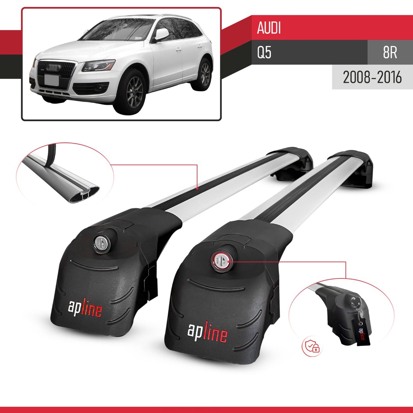 Compatible with Q5 (8R) 2009-2016 ACE-2 Car Roof Rack Cross Bar Grey Aluminium 2 Bars