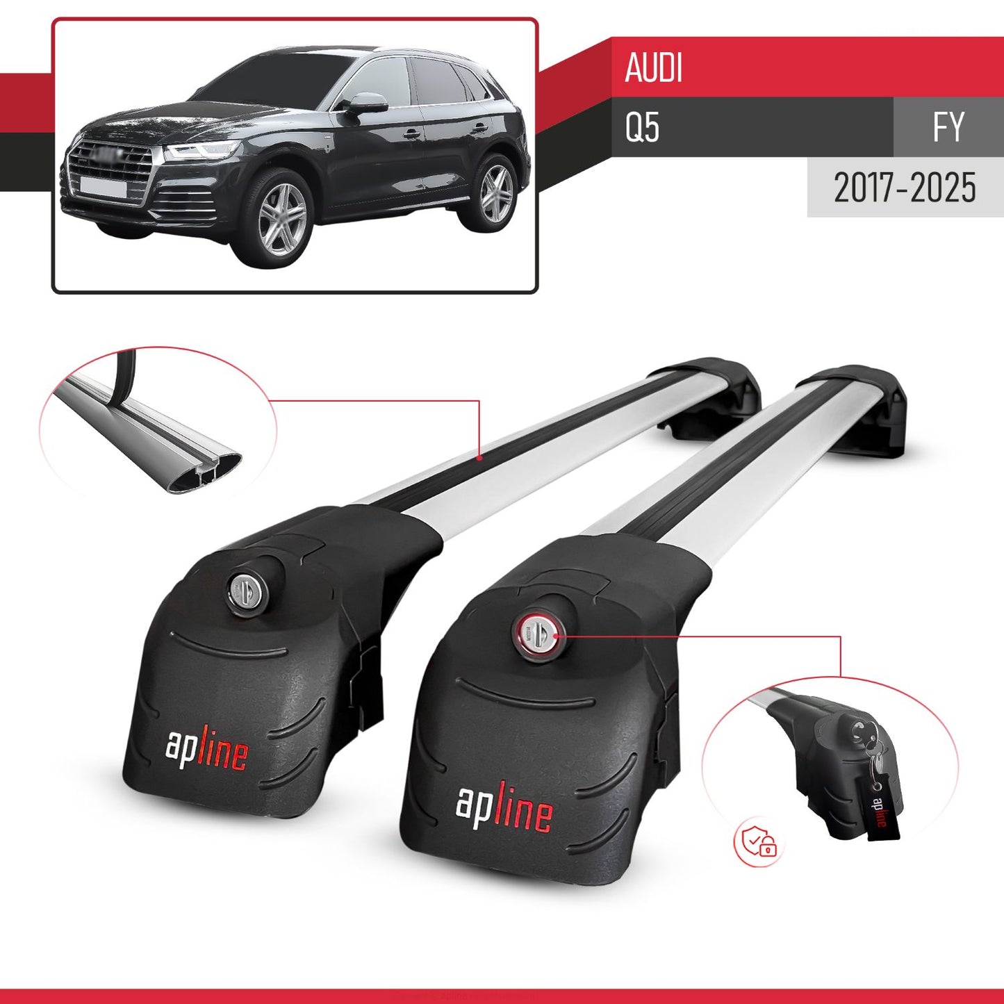 Compatible with Q5 (FY) 2017-2024 ACE-2 Car Roof Rack Cross Bar Grey Aluminium 2 Bars
