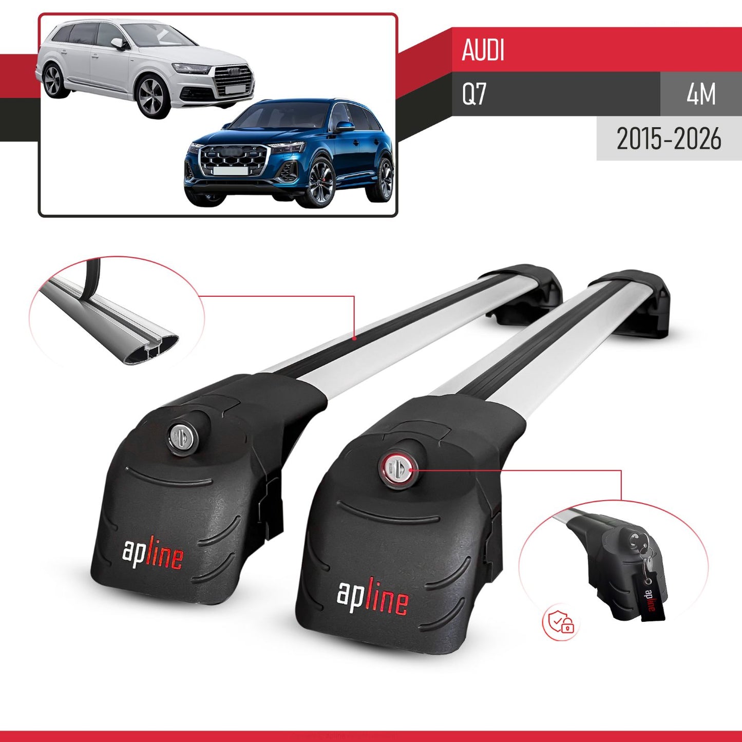 Compatible with Q7 (4M) 2016-2025 ACE-2 Car Roof Rack Cross Bar Grey Aluminium 2 Bars