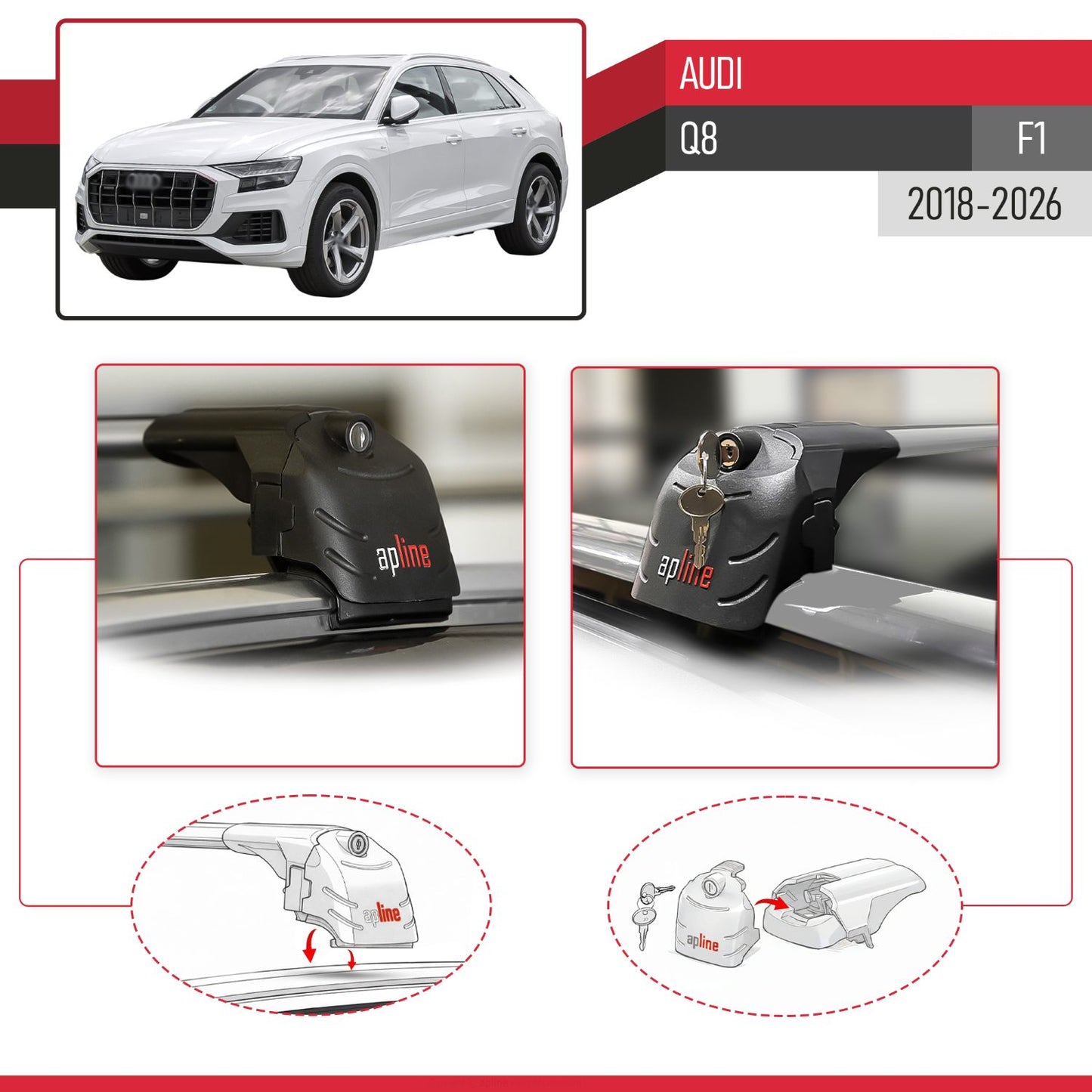 Compatible with Q8 (F1) 2018-2025 ACE-2 Car Roof Rack Cross Bar Grey Aluminium 2 Bars