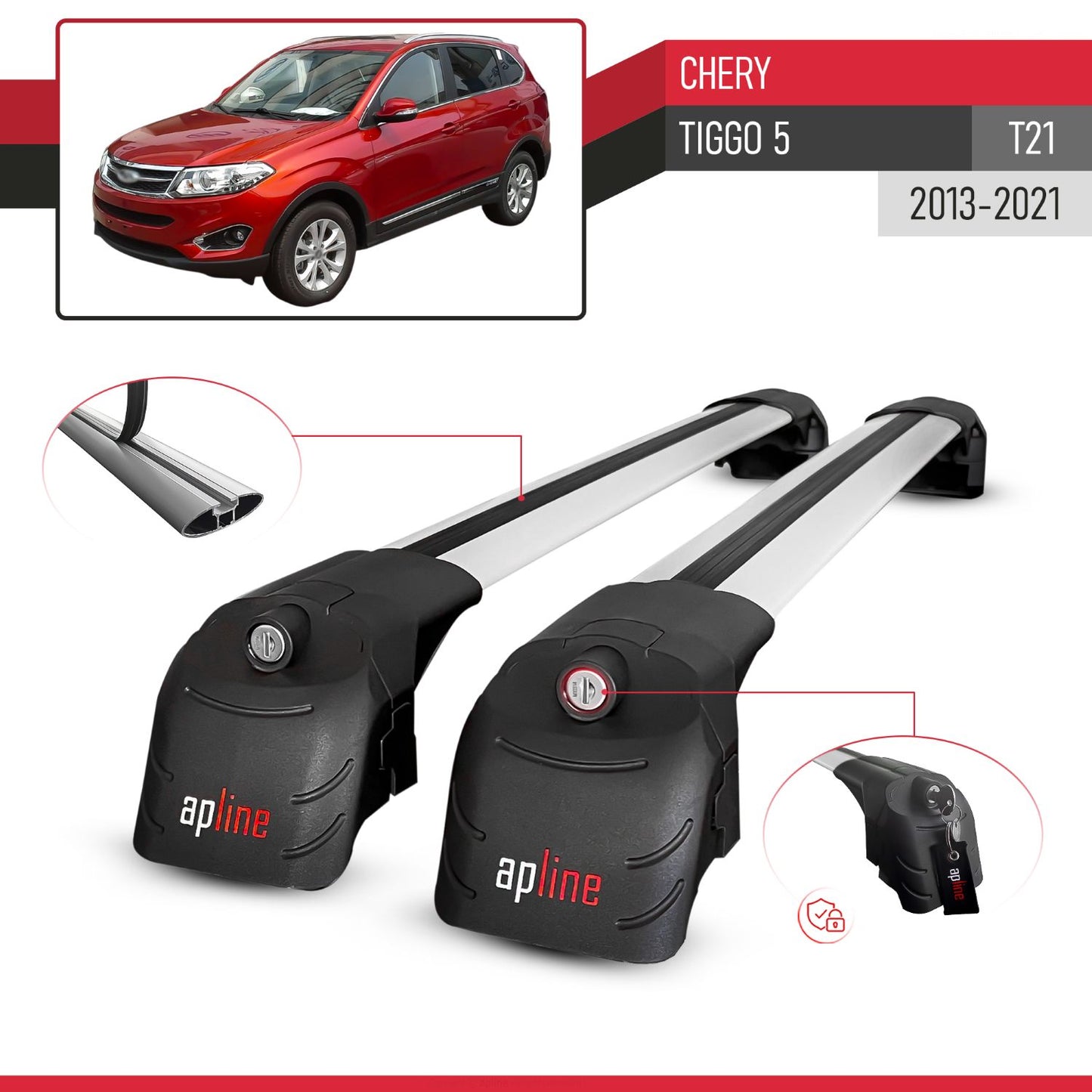 Compatible with Chery Tiggo 5 (T21) 2013-2021 ACE-2 Car Roof Rack Cross Bar Grey Aluminium 2 Bars