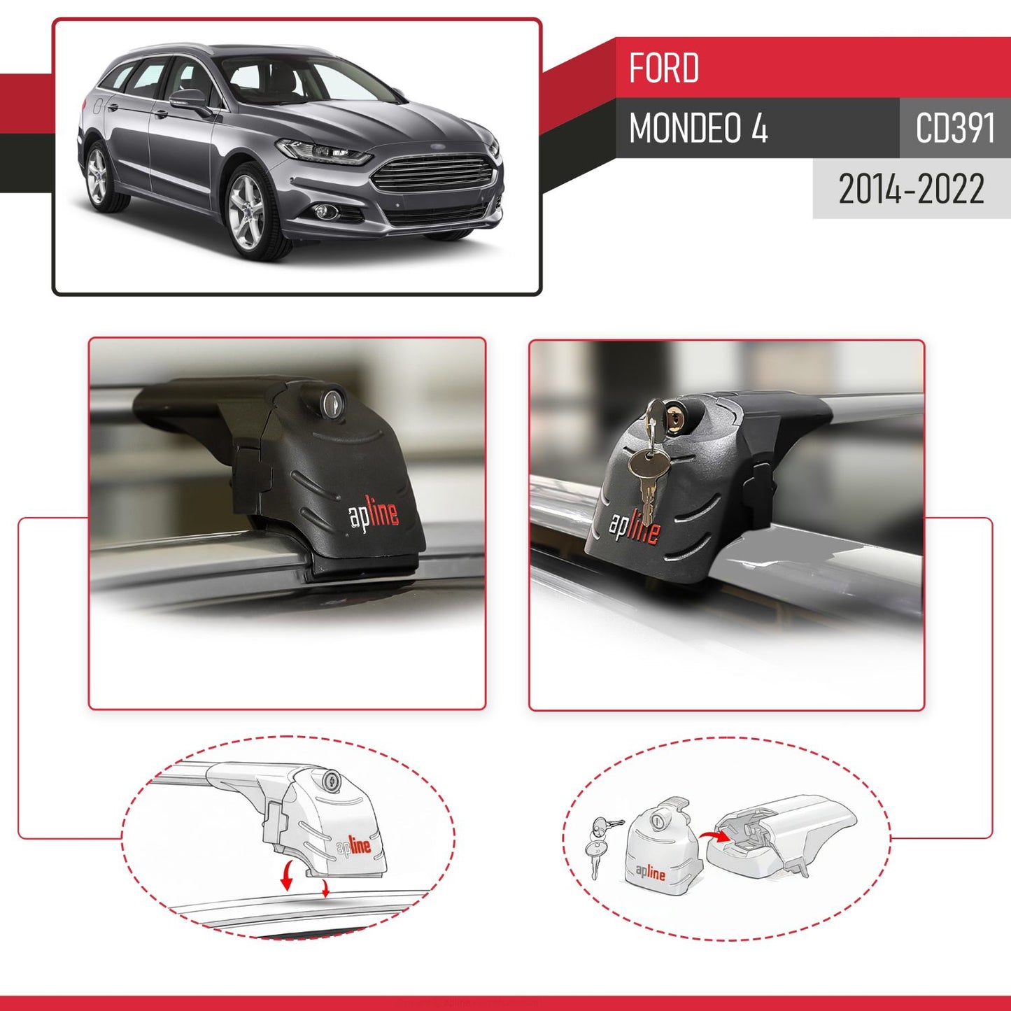 Compatible avec Ford Mondeo 4 (CD391) 2014-2022 ACE-2 modèle Barres de Toit Railing Porte-Bagages de Voiture Gris Aluminium Barres