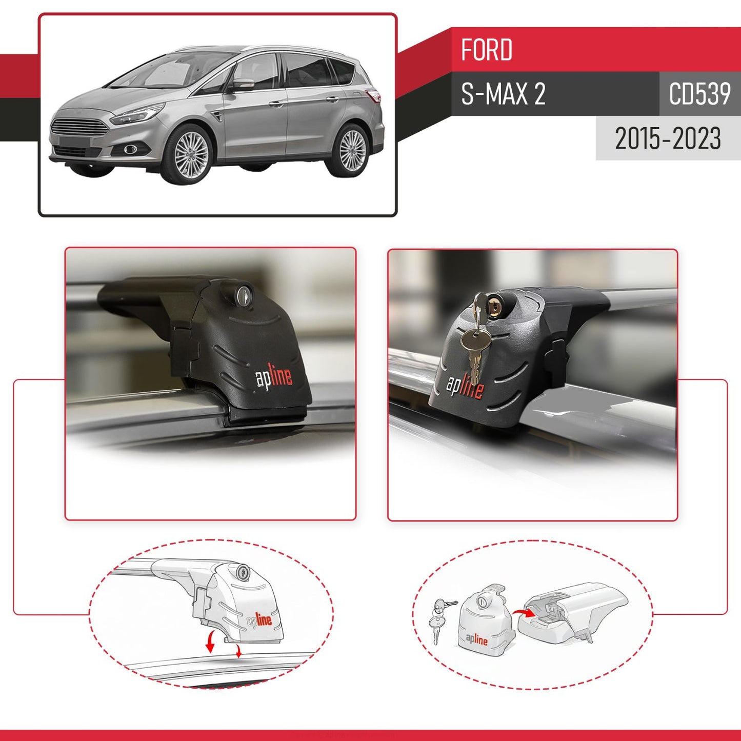 Compatible avec Ford S-Max 2 (CD539) 2015-2023 ACE-2 modèle Barres de Toit Railing Porte-Bagages de Voiture Gris Aluminium Barres
