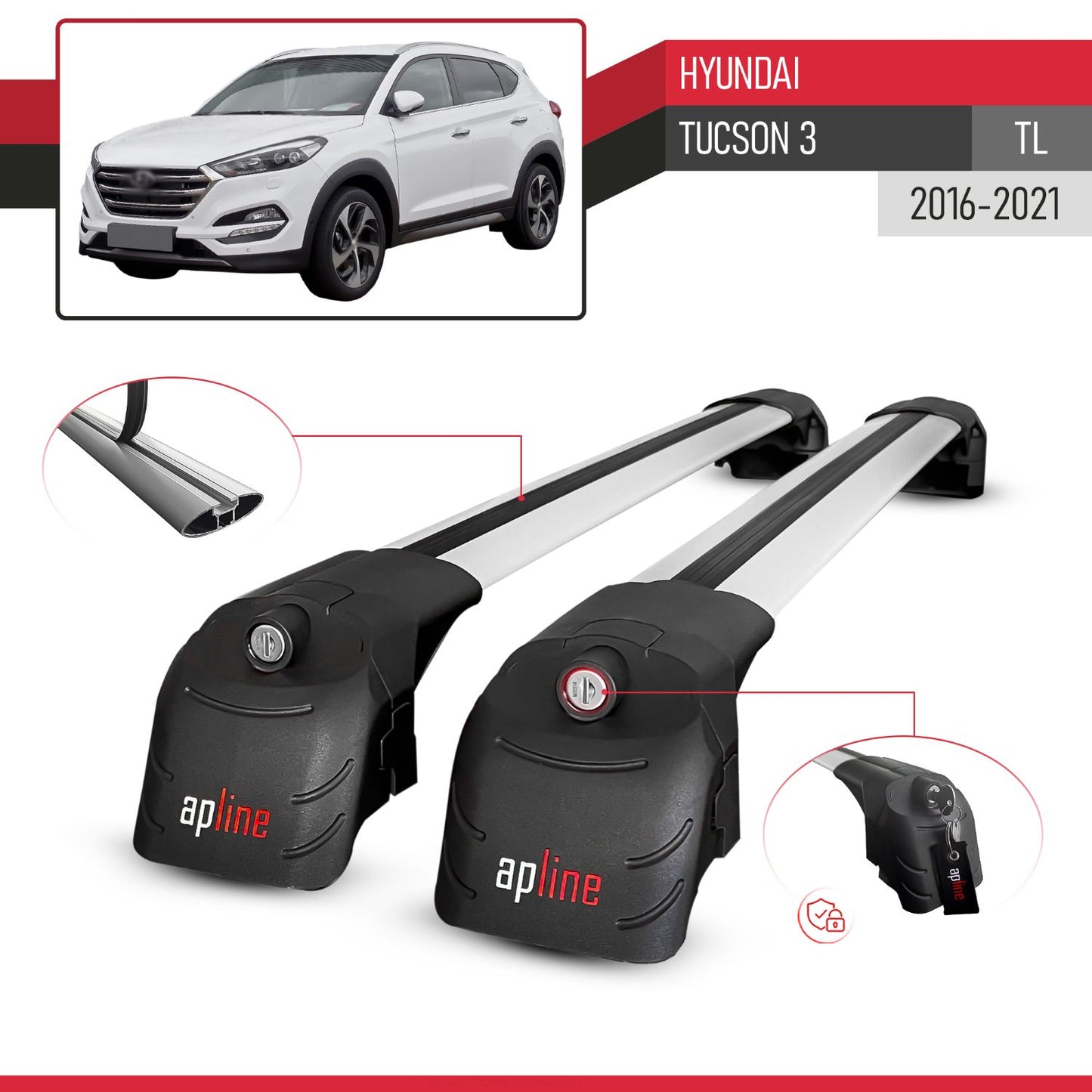 Compatible with Hyundai Tucson 3 (TL) 2016-2021 ACE-2 Car Roof Rack Cross Bar Grey Aluminium 2 Bars