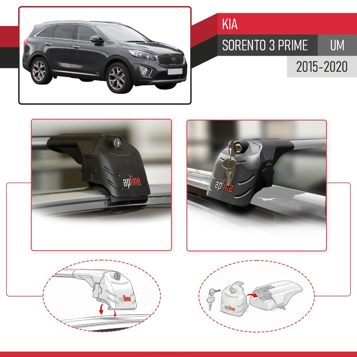Compatible with Kia Sorento 3 (UM) Prime 2015-2020 ACE-2 Car Roof Rack Cross Bar Grey Aluminium 2 Bars