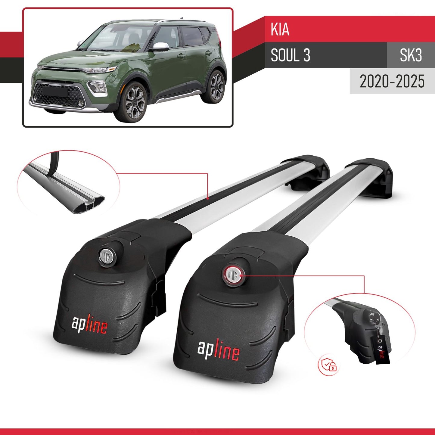 Compatible with Kia Soul 3 (SK3) 2020-2025 ACE-2 Car Roof Rack Cross Bar Grey Aluminium 2 Bars