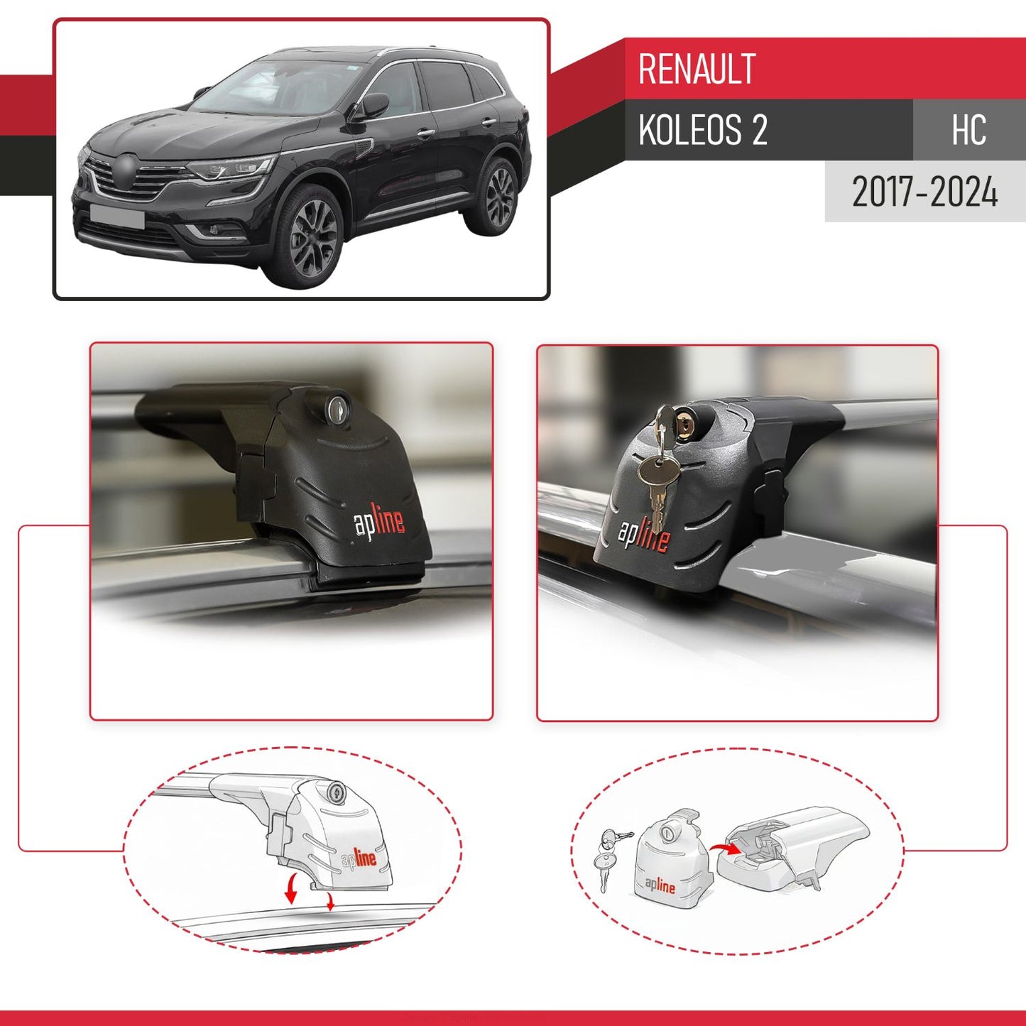 Compatible with Renault Koleos 2 (HC) 2017-2024 ACE-2 Car Roof Rack Cross Bar Grey Aluminium 2 Bars
