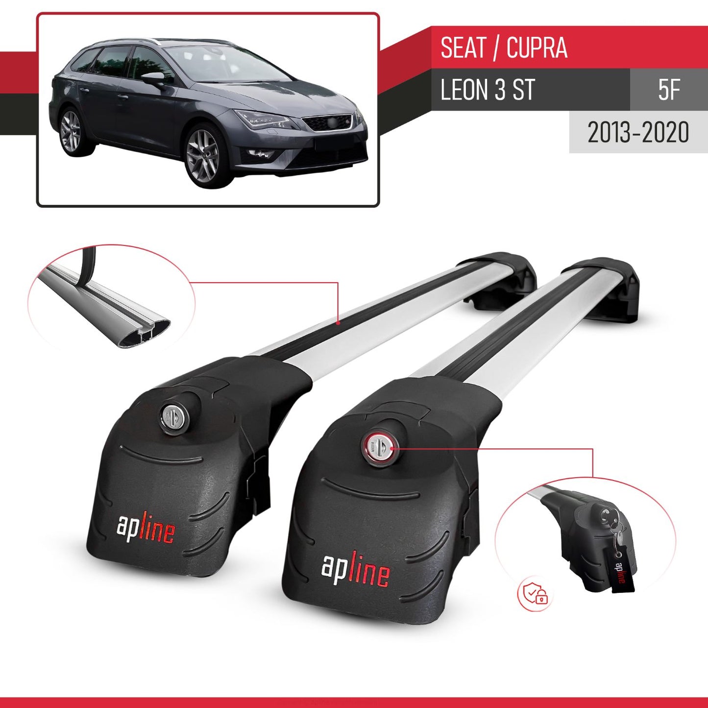 Compatible with Seat Leon 3 (5F) Cupra ST 2013-2020 ACE-2 Car Roof Rack Cross Bar Grey Aluminium 2 Bars