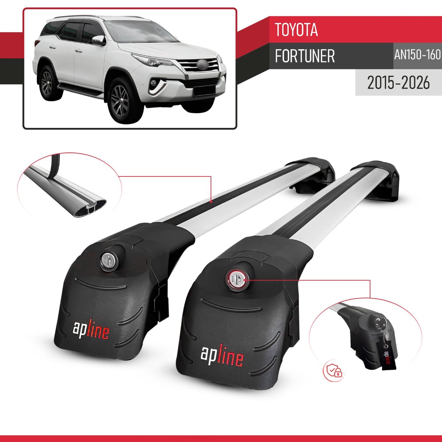 Compatible with Toyota Fortuner (AN160) 2015-2023 ACE-2 Car Roof Rack Cross Bar Grey Aluminium 2 Bars