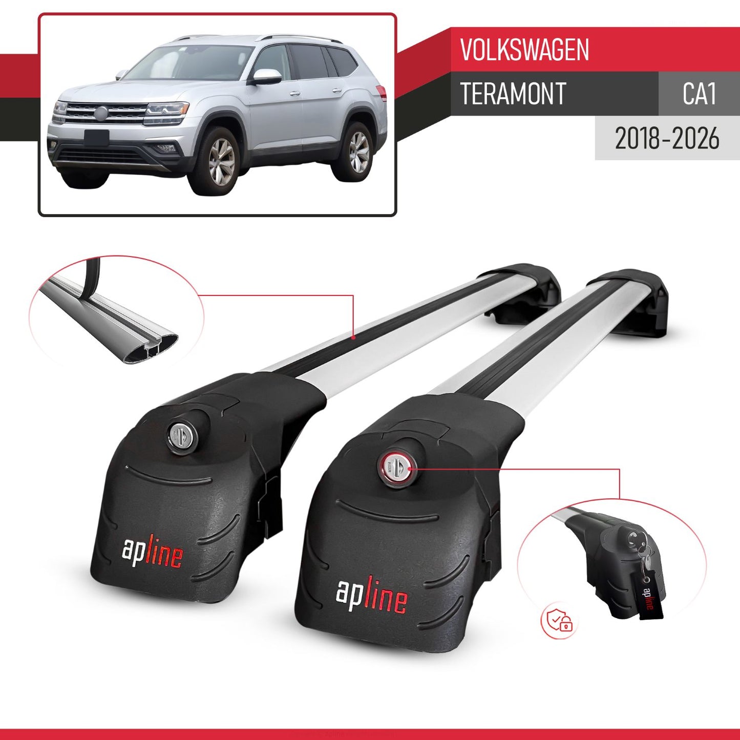 Compatible with Volkswagen Teramont (CA1) 2018-2024 ACE-2 Car Roof Rack Cross Bar Grey Aluminium 2 Bars