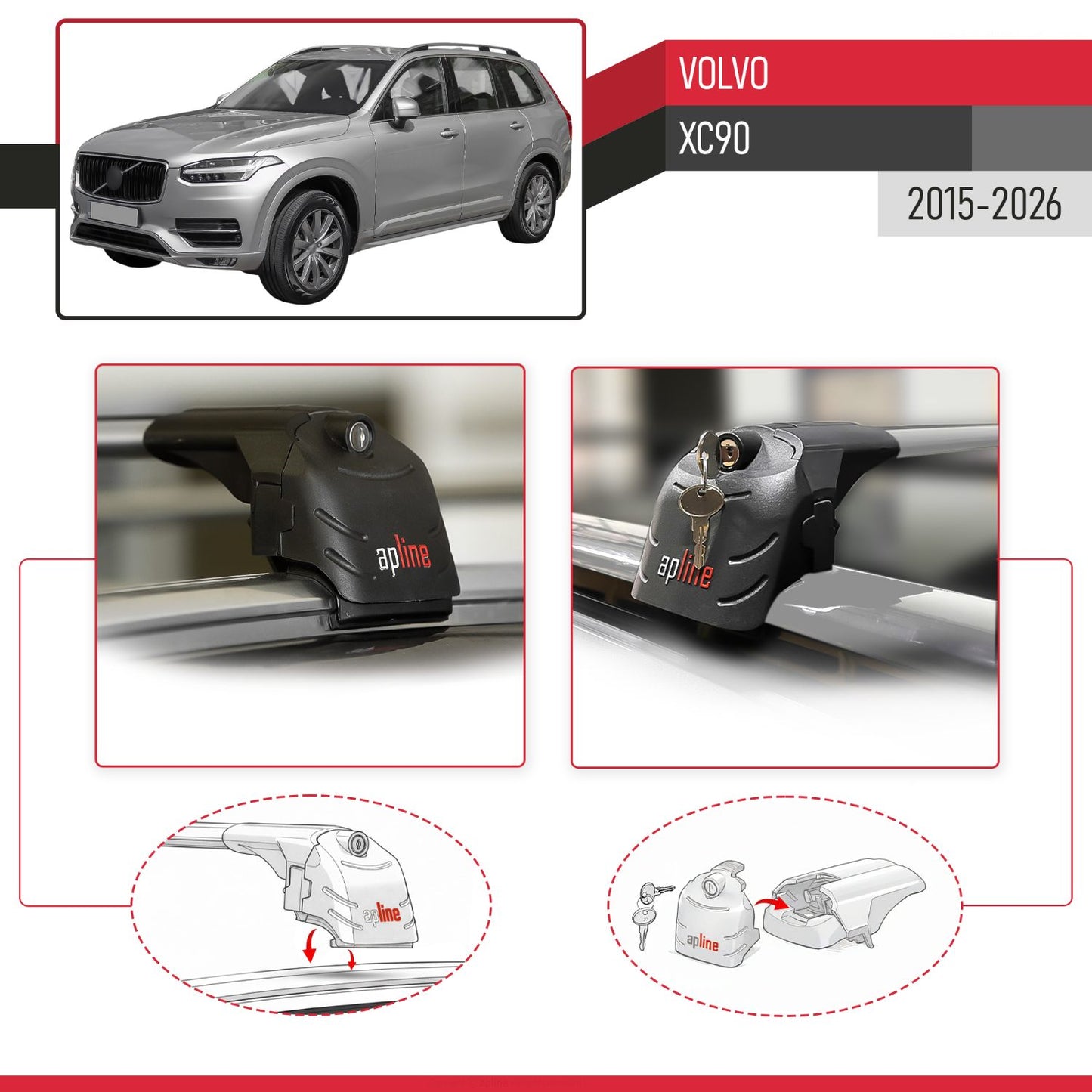 Compatible with Volvo XC90 II 2015-2025 ACE-2 Car Roof Rack Cross Bar Grey Aluminium 2 Bars