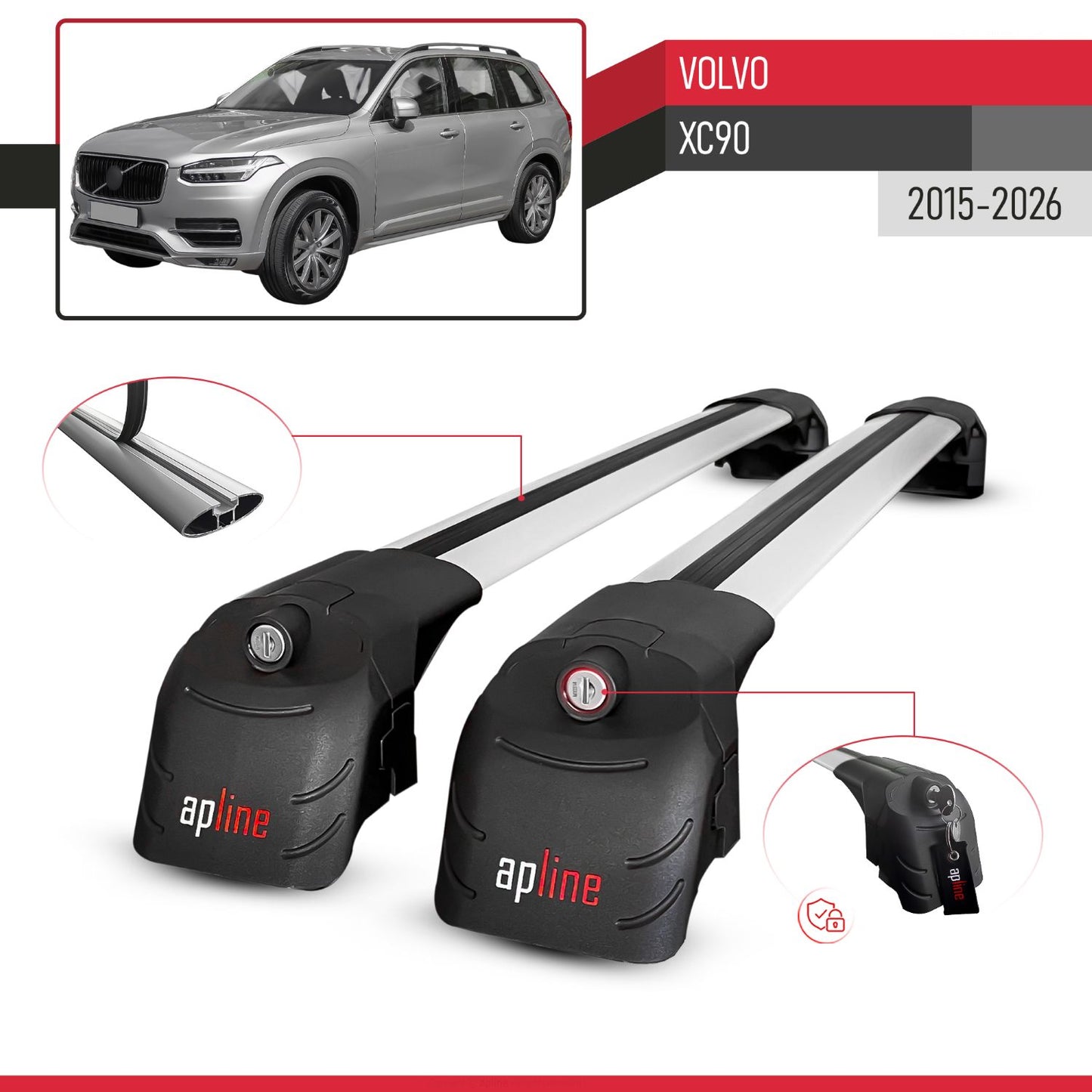 Compatible with Volvo XC90 II 2015-2025 ACE-2 Car Roof Rack Cross Bar Grey Aluminium 2 Bars