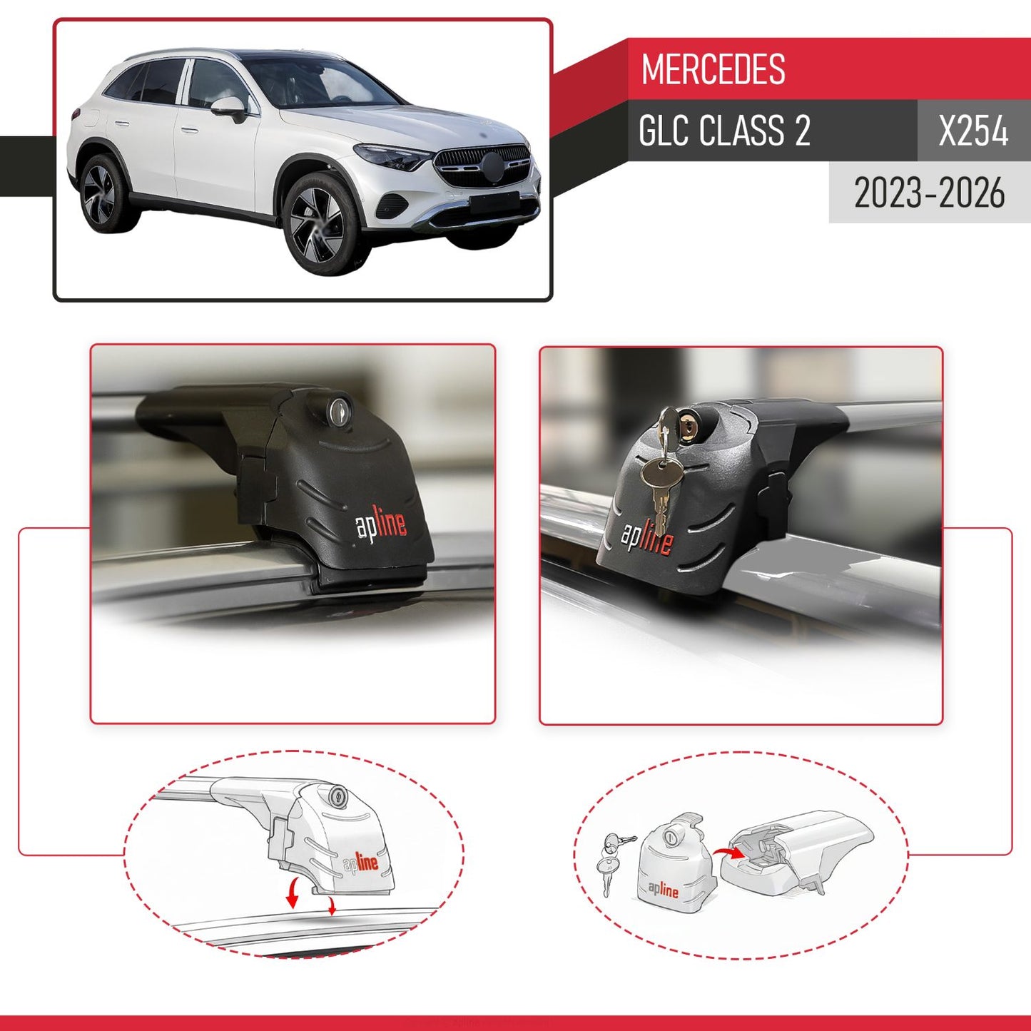 Compatible with Mercedes GLC Class 2 (X254) 2023-2025 ACE-2 Car Roof Rack Cross Bar Grey Aluminium 2 Bars