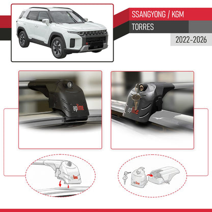 Compatible with SsangYong Torres 2022-2025 ACE-2 Car Roof Rack Cross Bar Grey Aluminium 2 Bars