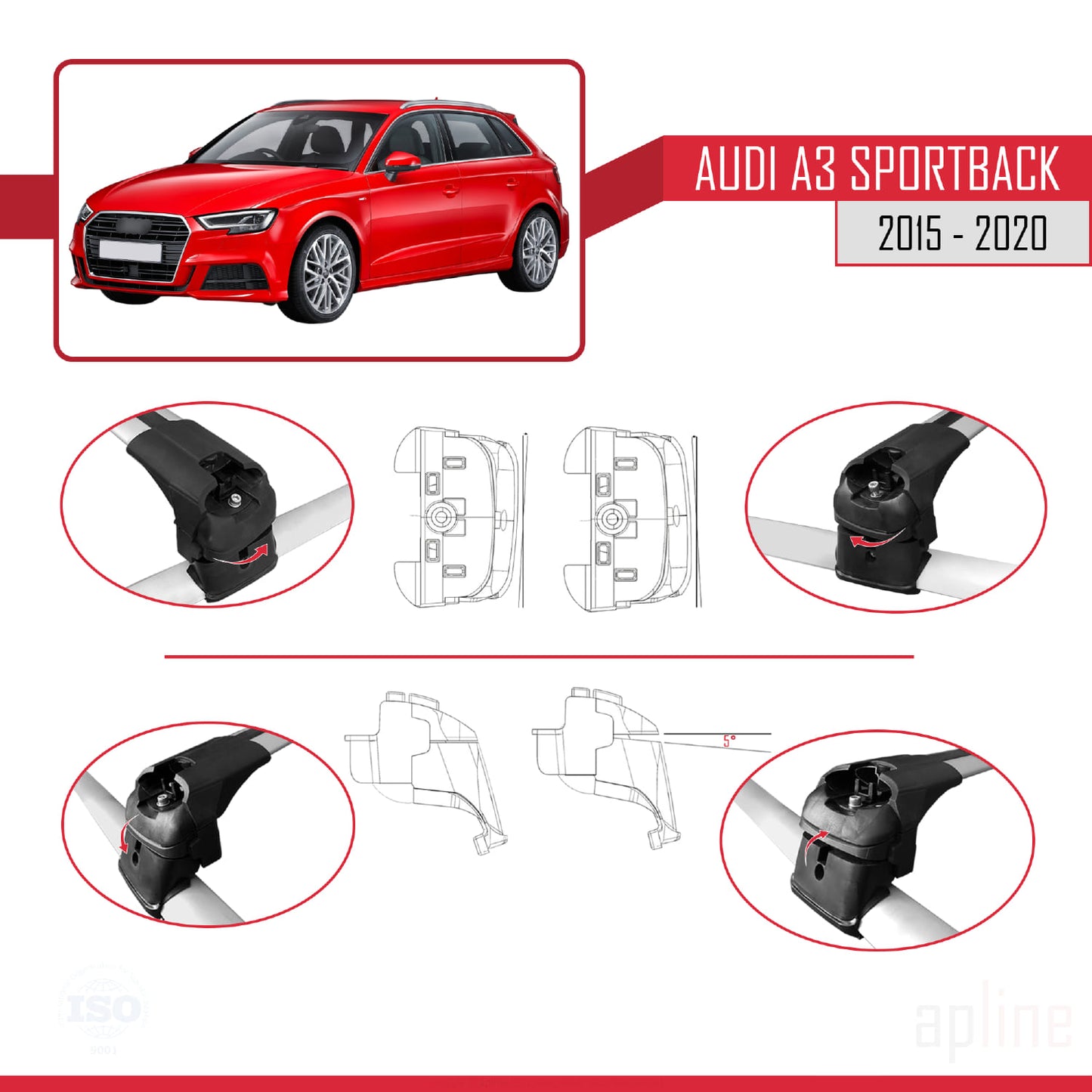 Compatible avec Audi A3 Sportback 2015-2020 ACE-2 Barres de Toit Railing Porte-Bagages de Voiture Gris Aluminium 2 Barres