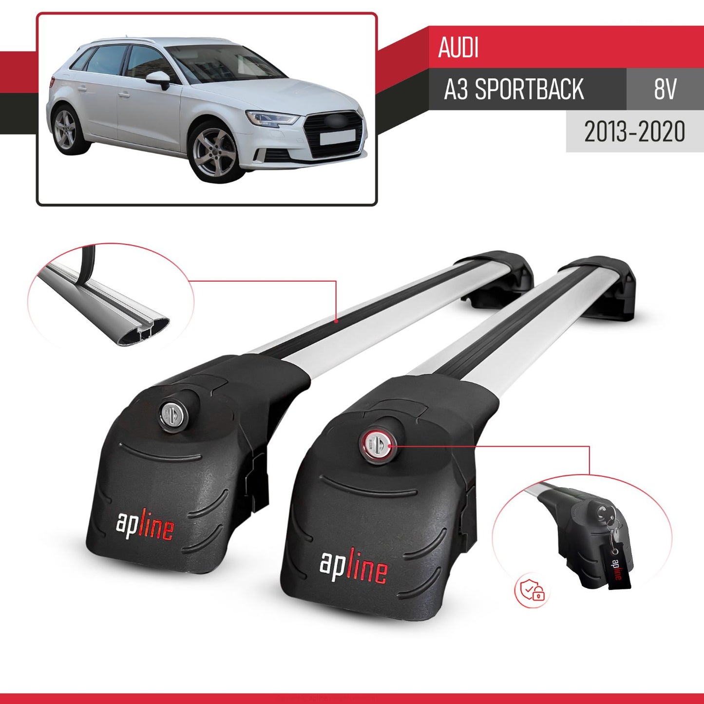 Compatible avec Audi A3 Sportback (8V) 2013-2020 ACE-2 modèle Barres de Toit Railing Porte-Bagages de Voiture Gris Aluminium Barres