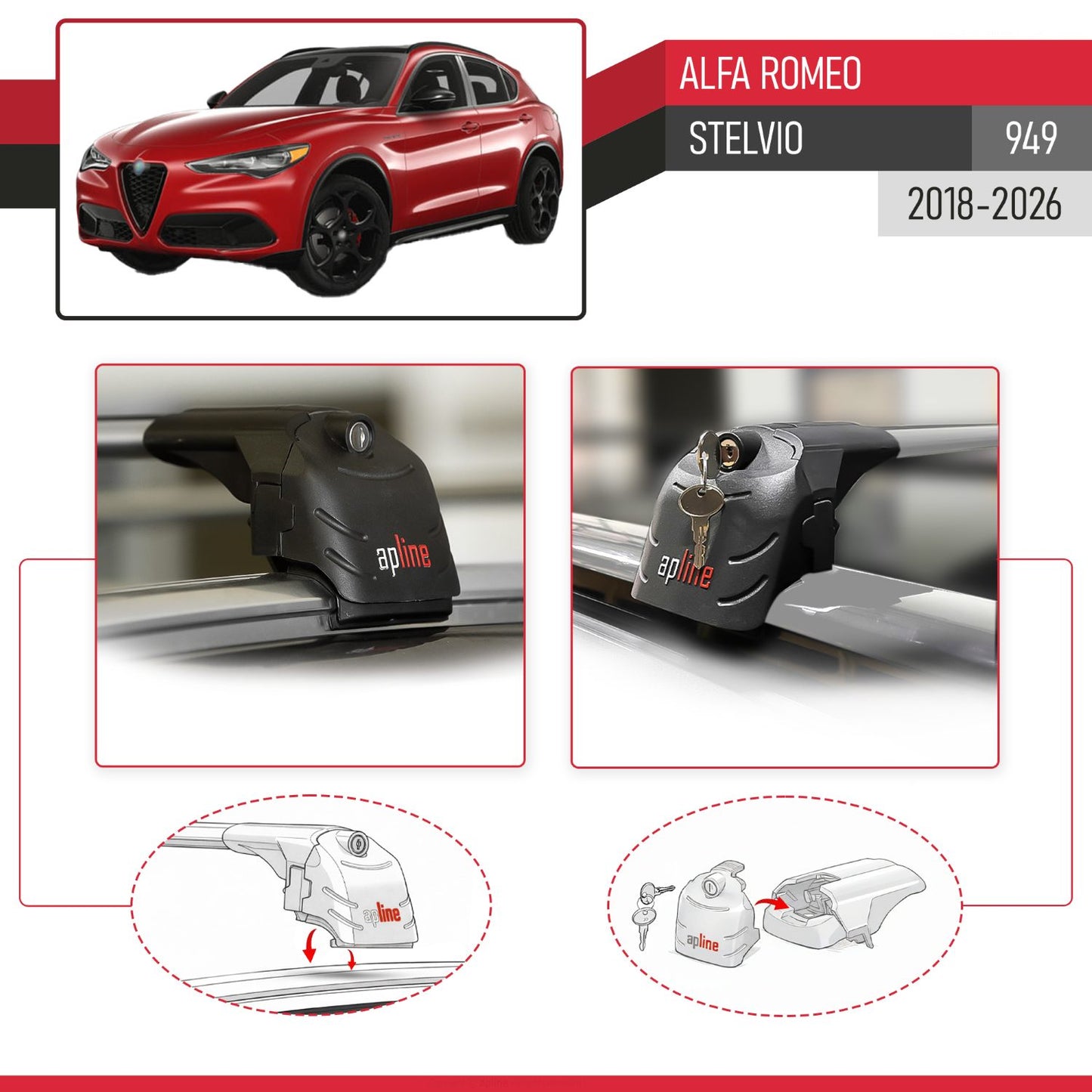 Compatible avec Alfa Romeo Stelvio (949) 2018-2026 ACE-2 modèle Barres de Toit Railing Porte-Bagages de Voiture Gris Aluminium Barres