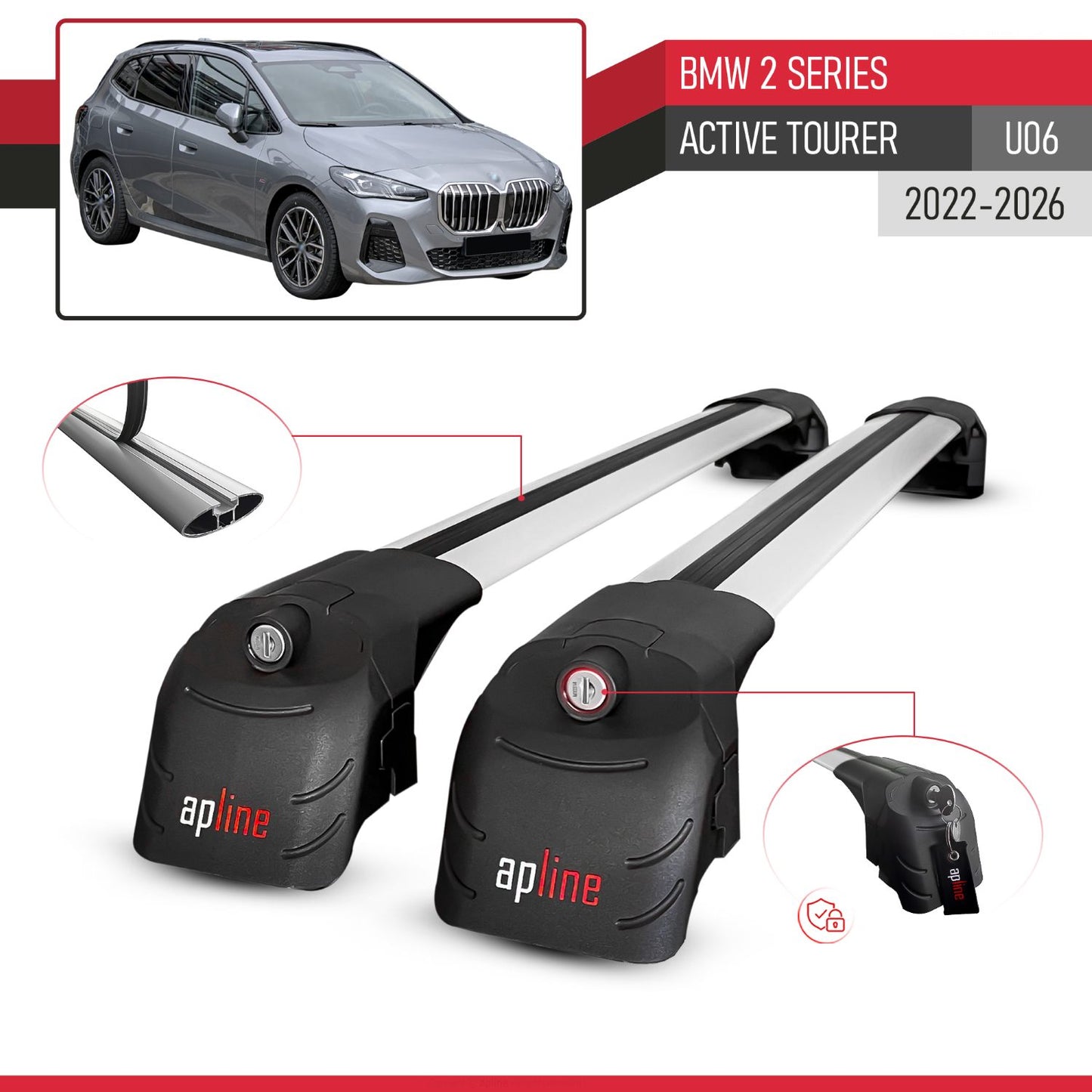 Compatible avec BMW 2 Series (U06) Active Tourer 2022-2026 ACE-2 modèle Barres de Toit Railing Porte-Bagages de Voiture Gris Aluminium Barres