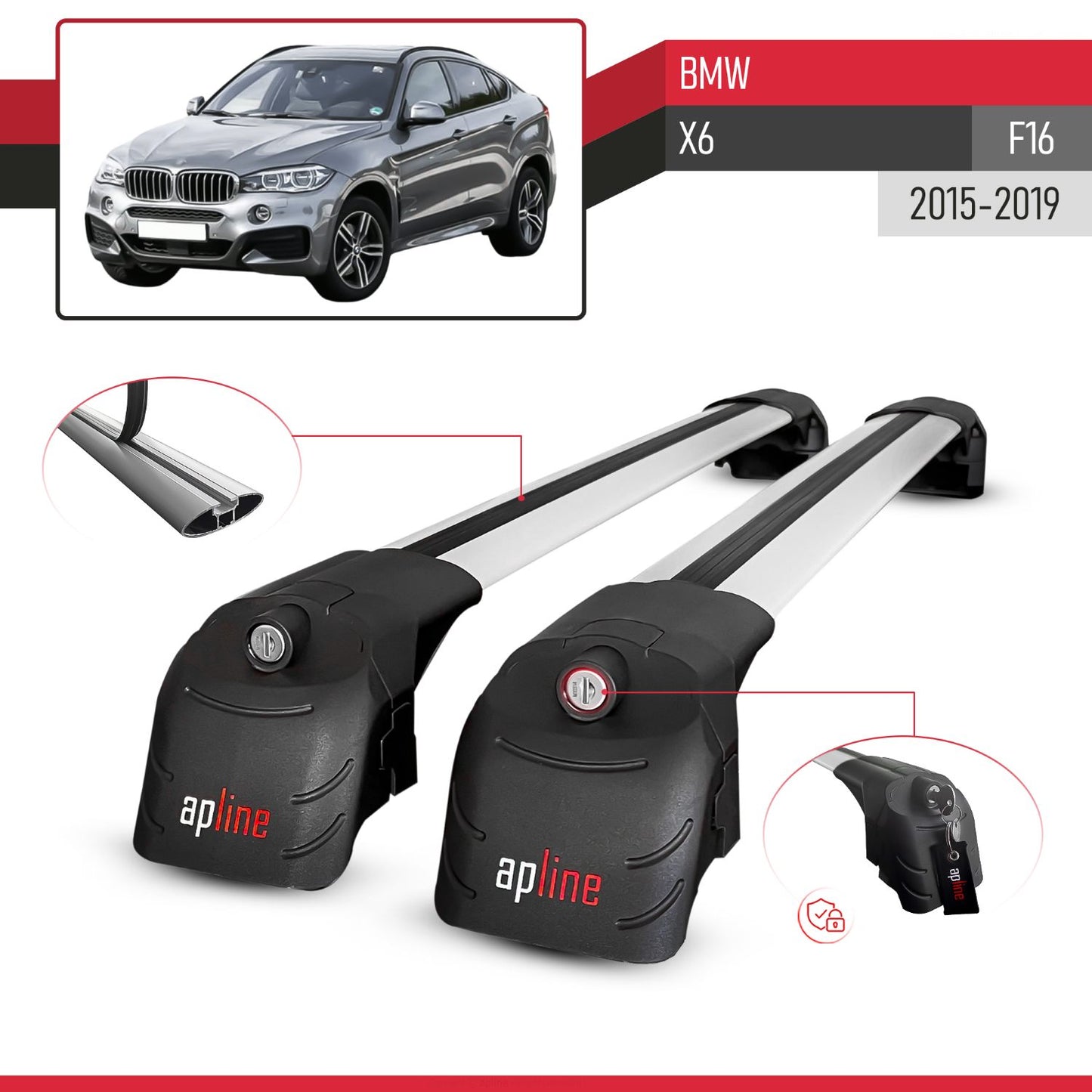Compatible avec BMW X6 (F16) 2015-2019 ACE-2 modèle Barres de Toit Railing Porte-Bagages de Voiture Gris Aluminium Barres