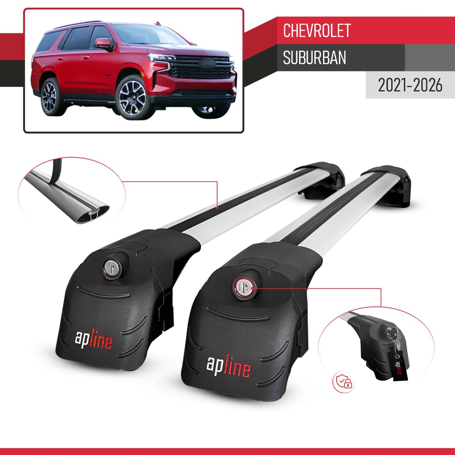 Compatible with Chevrolet Suburban 2021-2024 ACE-2 Car Roof Rack Cross Bar Grey Aluminium 2 Bars