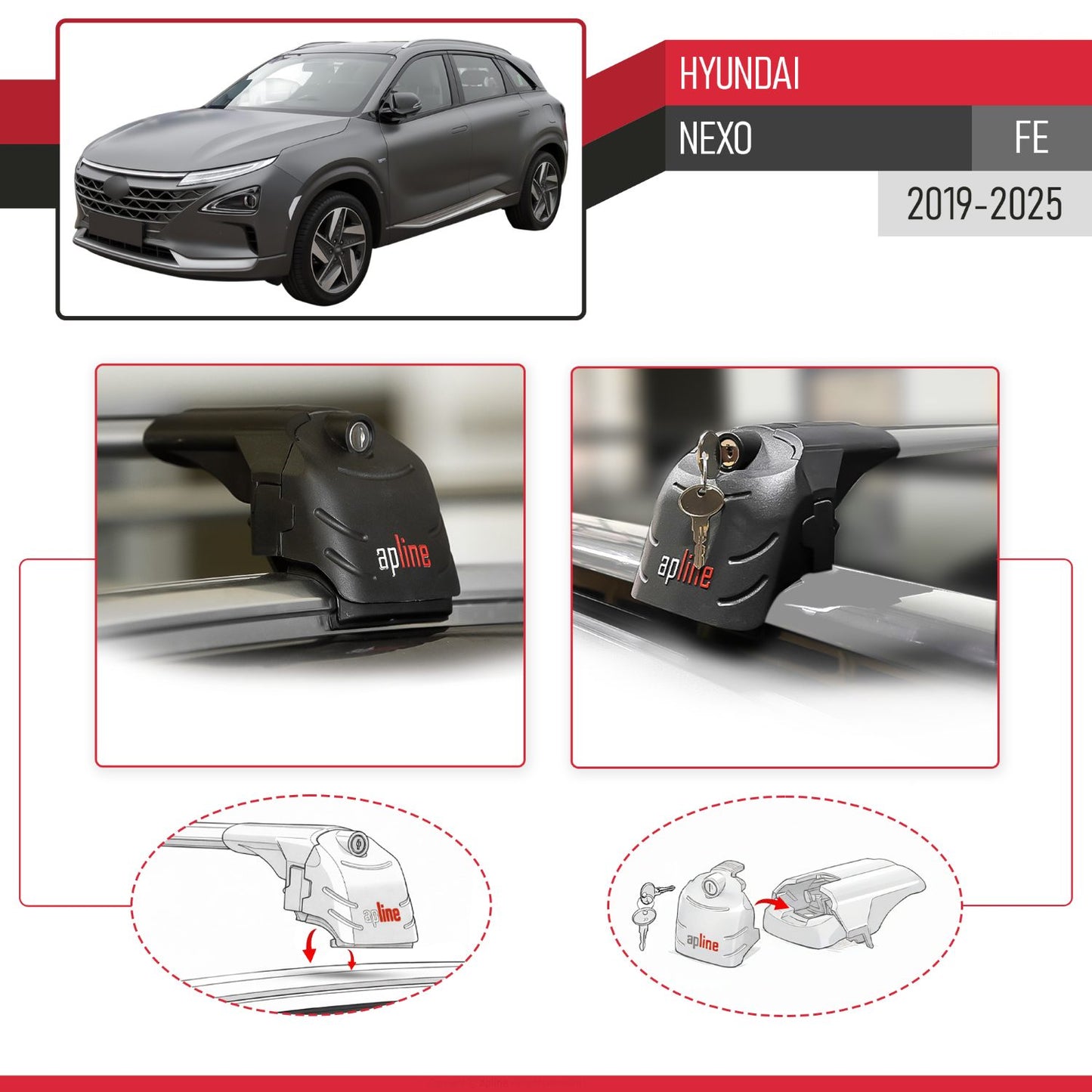 Compatible with Hyundai Nexo 2019-2023 ACE-2 Car Roof Rack Cross Bar Grey Aluminium 2 Bars