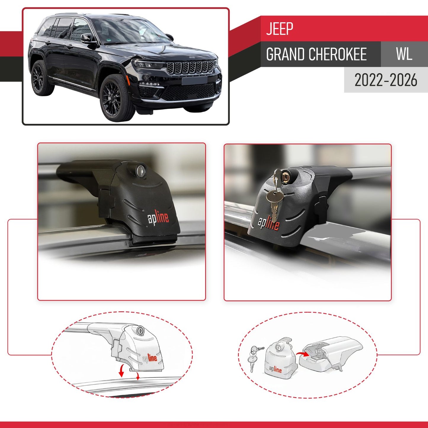 Compatible with Jeep Grand Cherokee 2022-2024 ACE-2 Car Roof Rack Cross Bar Grey Aluminium 2 Bars
