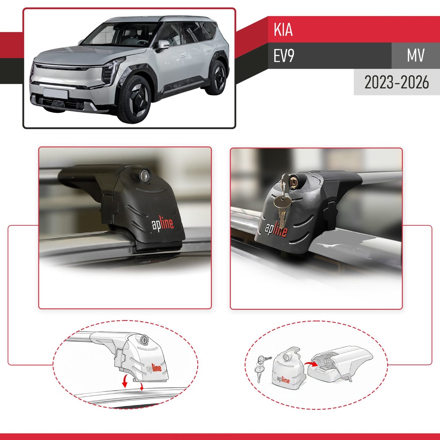 Compatible with Kia E V9 2024-2025 ACE-2 Car Roof Rack Cross Bar Grey Aluminium 2 Bars