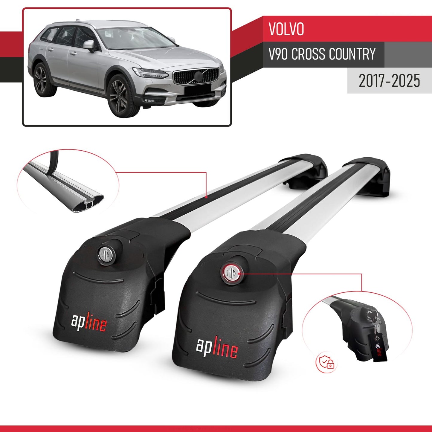 Compatible avec Volvo V90 Cross Country 2017-2025 ACE-2 modèle Barres de Toit Railing Porte-Bagages de Voiture Gris Aluminium Barres