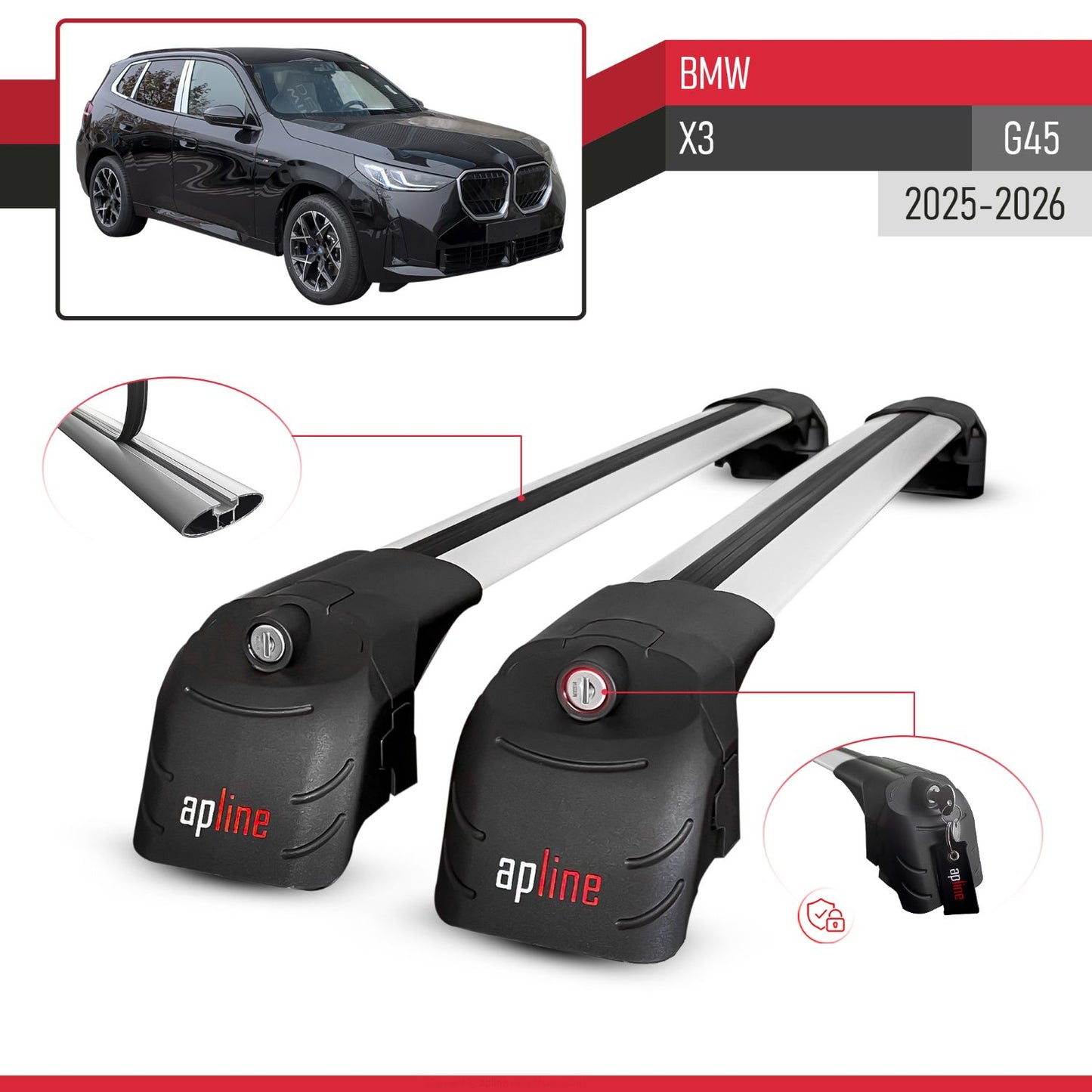 Compatible avec BMW X3 (G45) 2025-2026 ACE-2 modèle Barres de Toit Railing Porte-Bagages de Voiture Gris Aluminium Barres