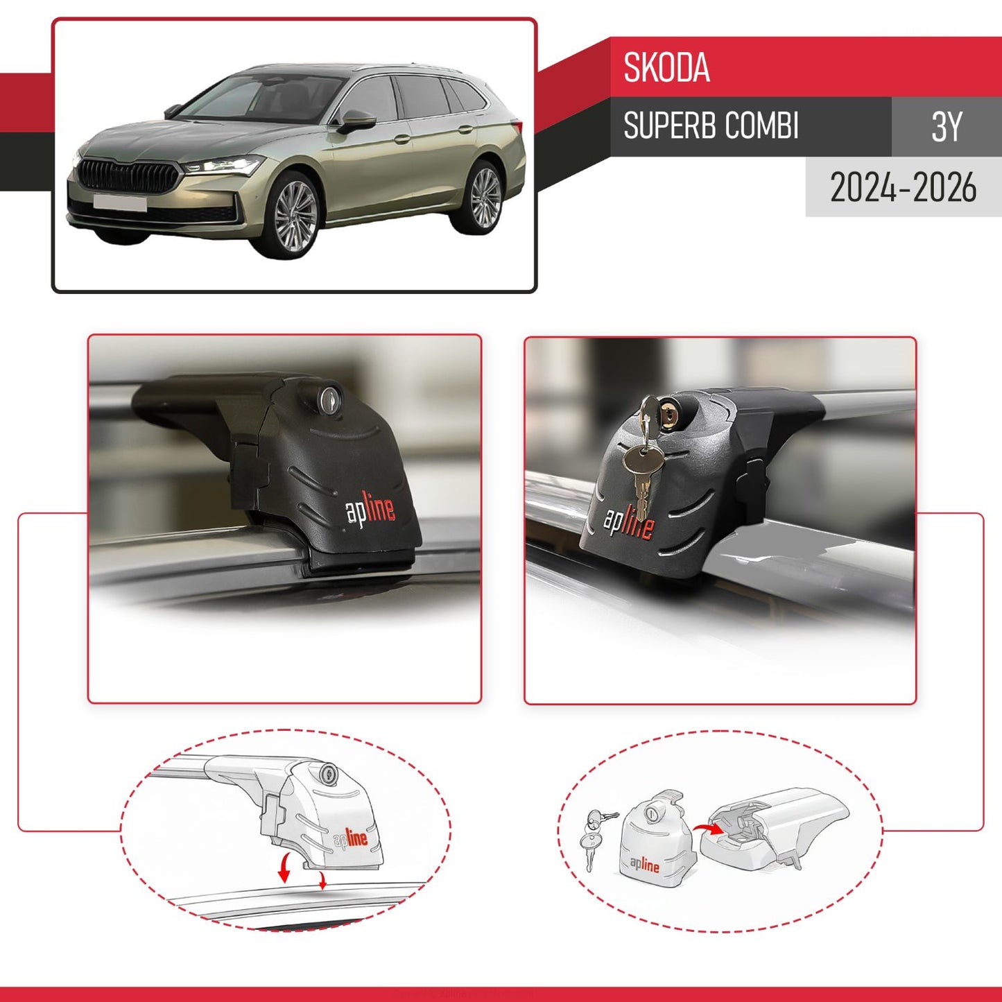 Compatible with Skoda Superb Combi 2024-2025 ACE-2 Car Roof Rack Cross Bar Grey Aluminium 2 Bars