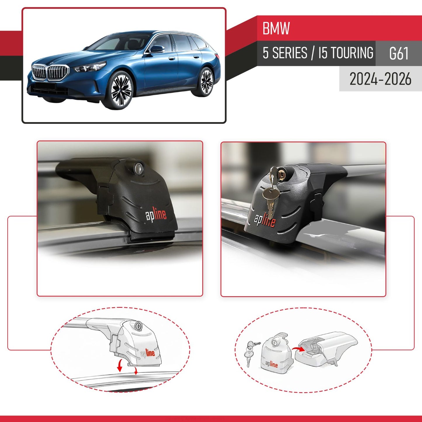 Compatible avec BMW 5 Series / i5 Touring (G61) 2024-2026 ACE-2 modèle Barres de Toit Railing Porte-Bagages de Voiture Gris Aluminium Barres