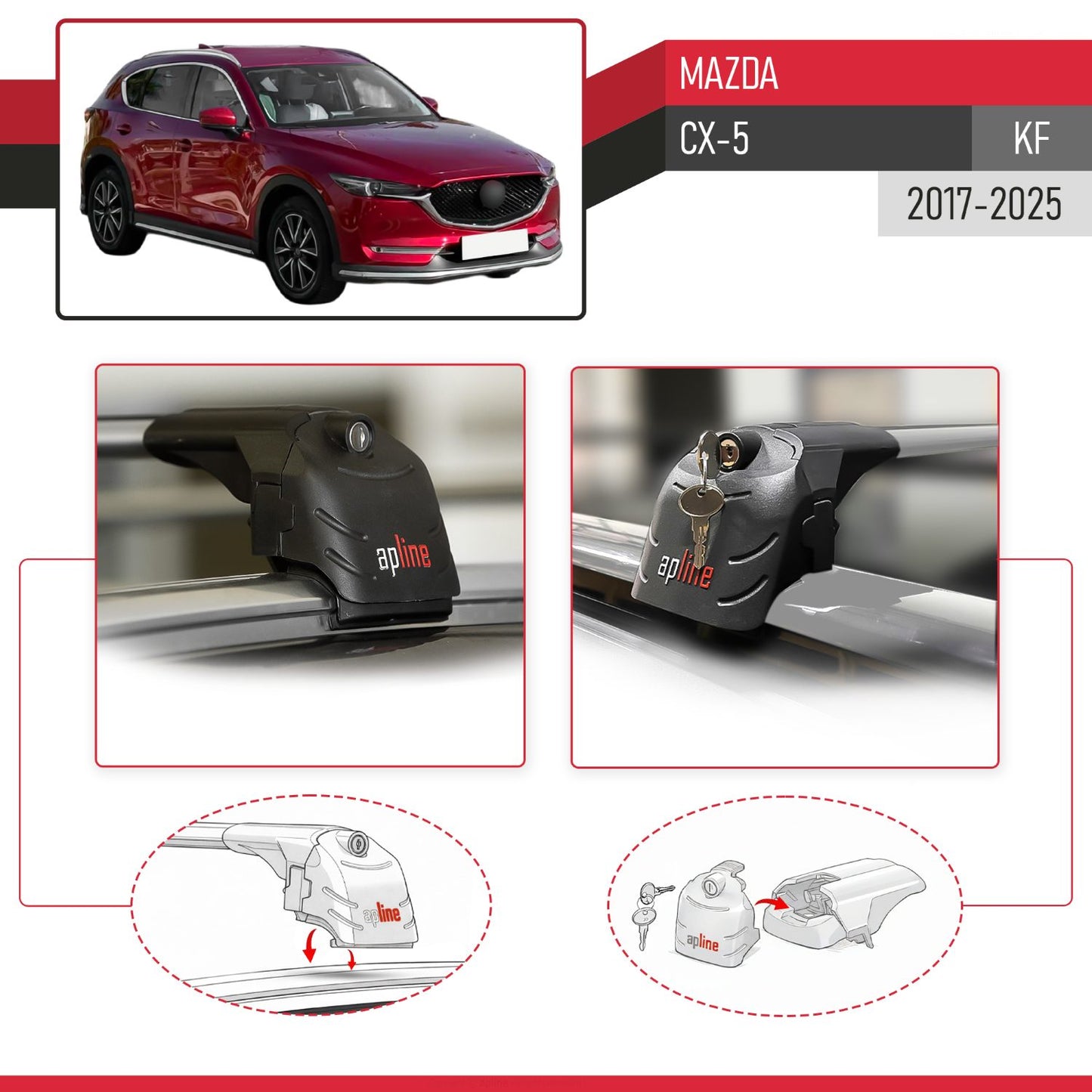 Compatible with Mazda CX-5 2017-2025 ACE-2 Car Roof Rack Cross Bar Grey Aluminium 2 Bars